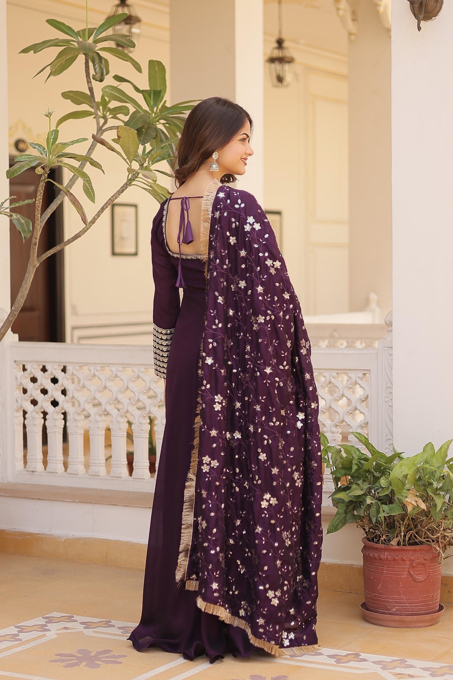 Ravishing Vichitra Silk Wine , Purple And Red Color Full Gown
