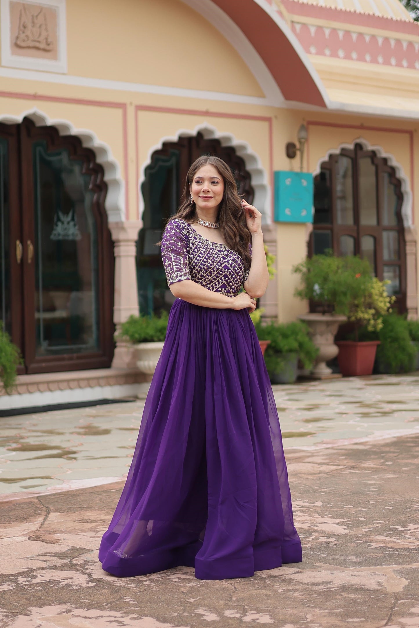 Lovely Fancy Round Neck Pink And Purple Color Gown