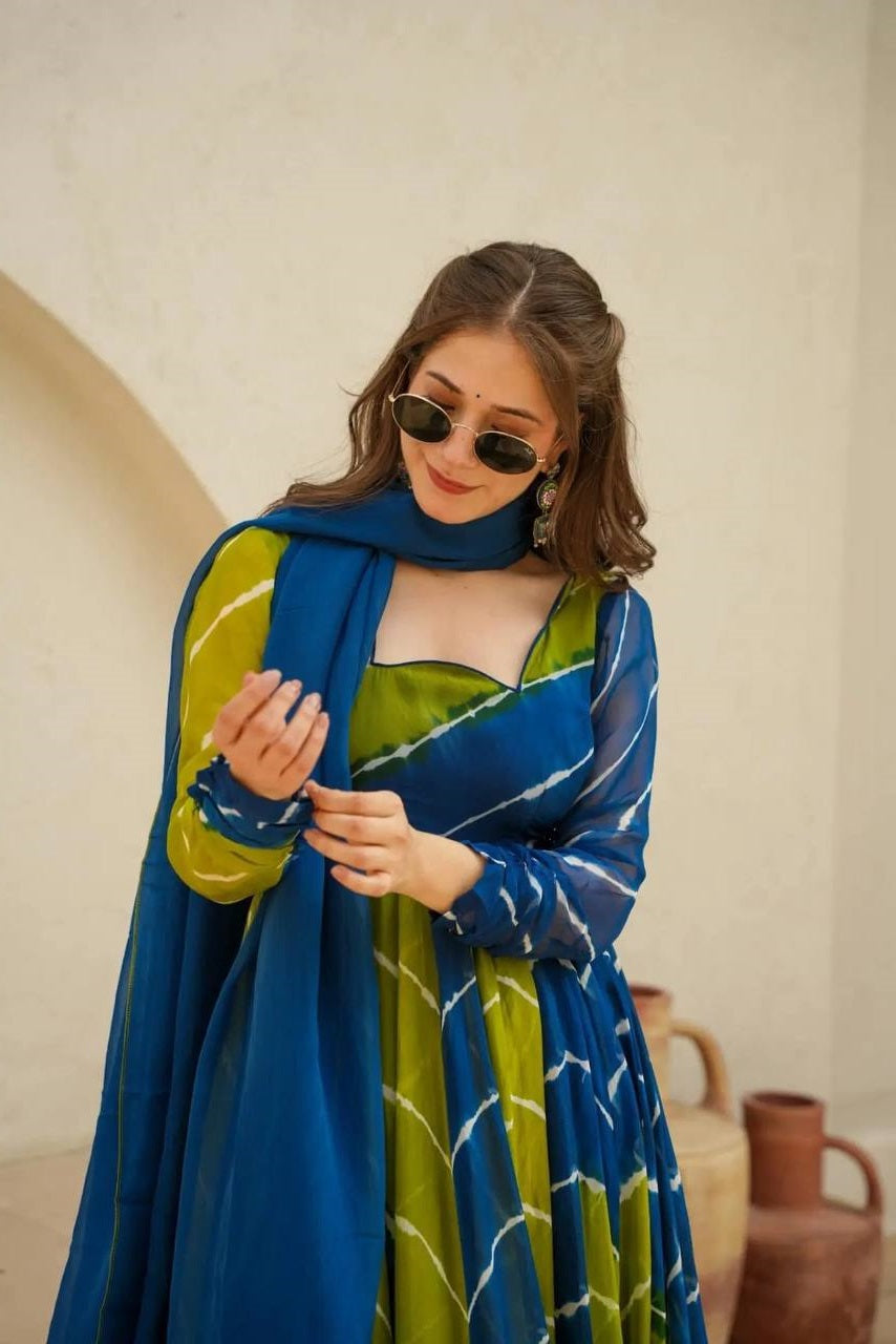 Tranding Yellow And Blue Organza Anarkali Suit Set