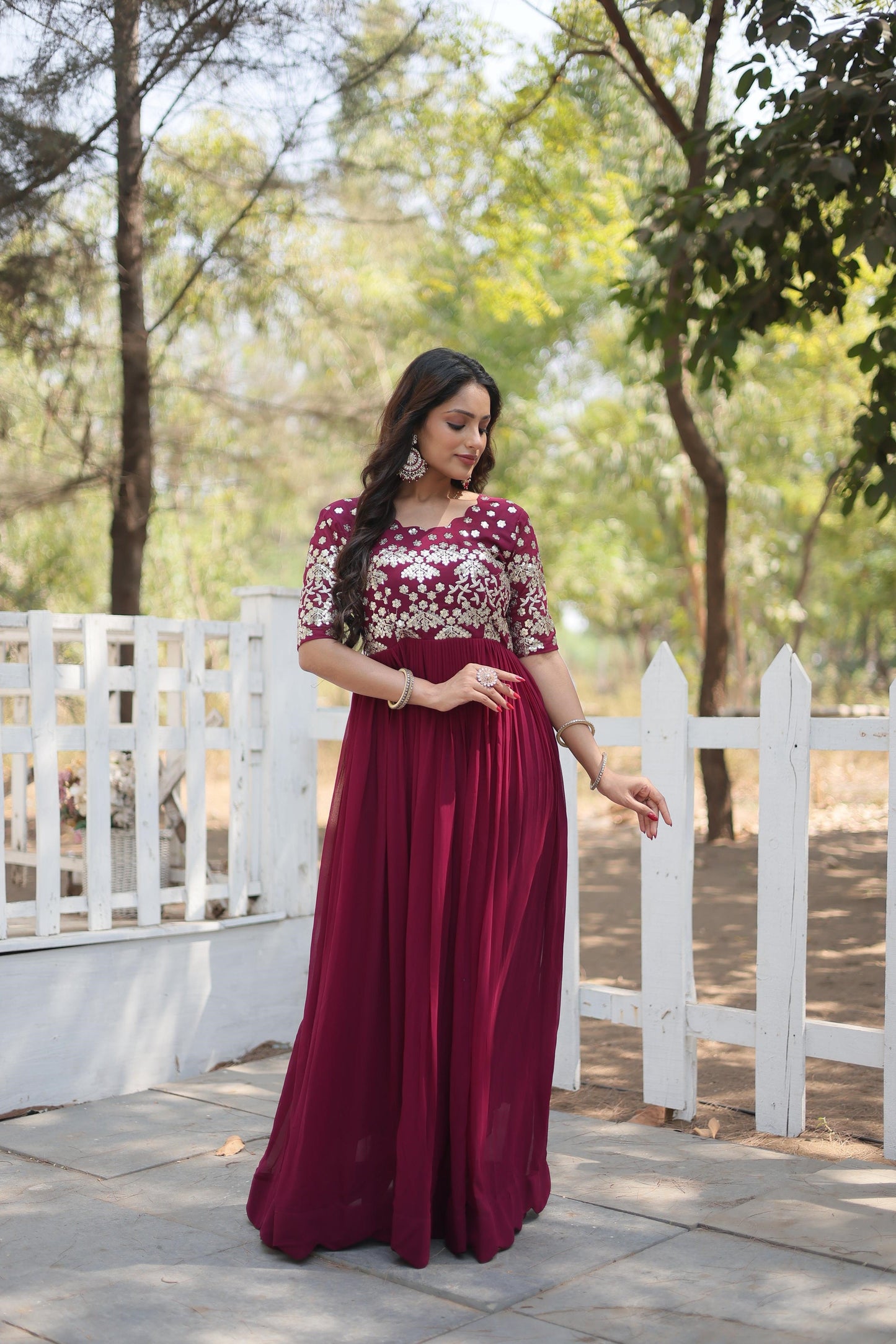 Superhit Zari Sequence Work Teal Blue And Red Color Gown