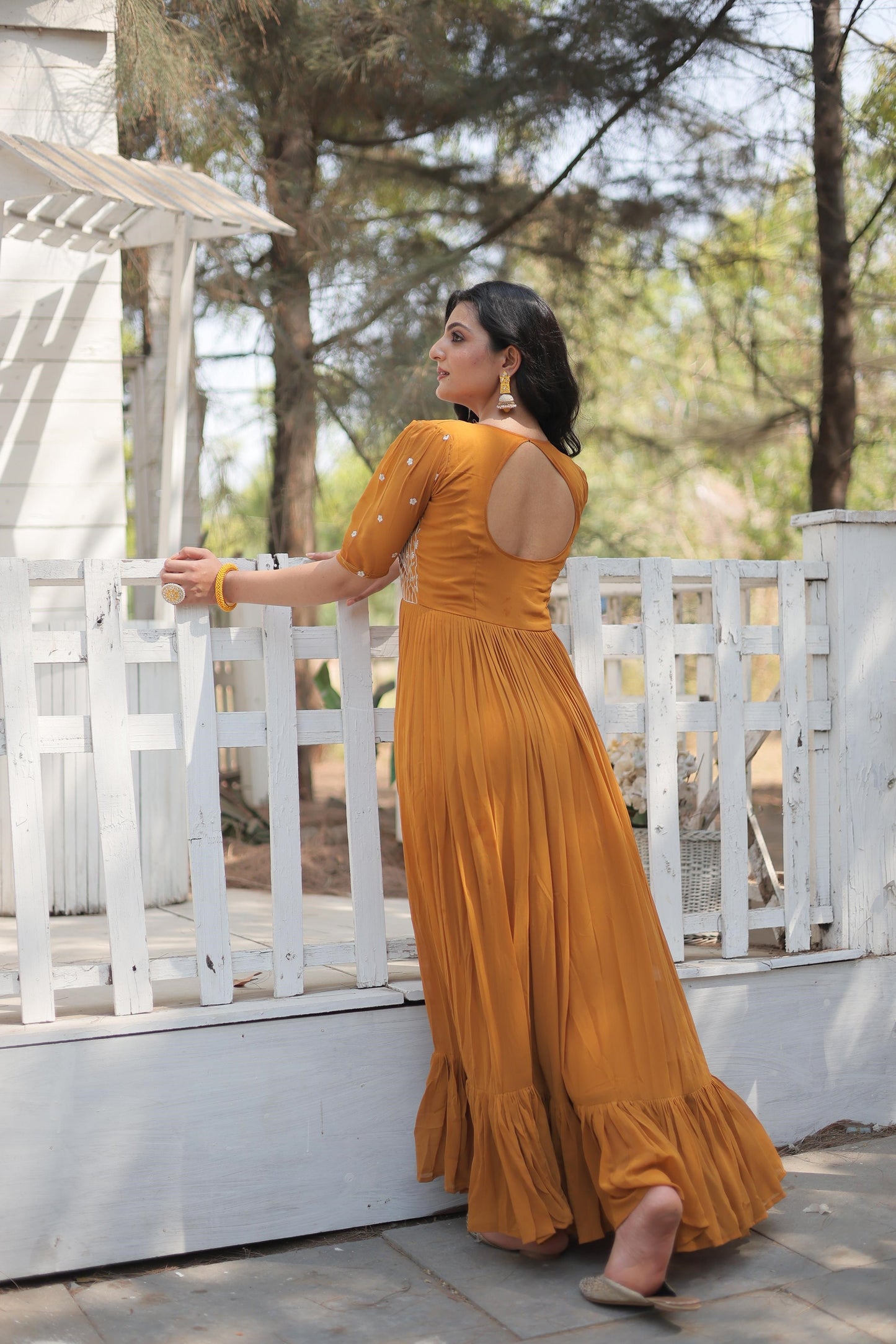 Fancy Square Neck Pink And Orange Color Georgette Gown