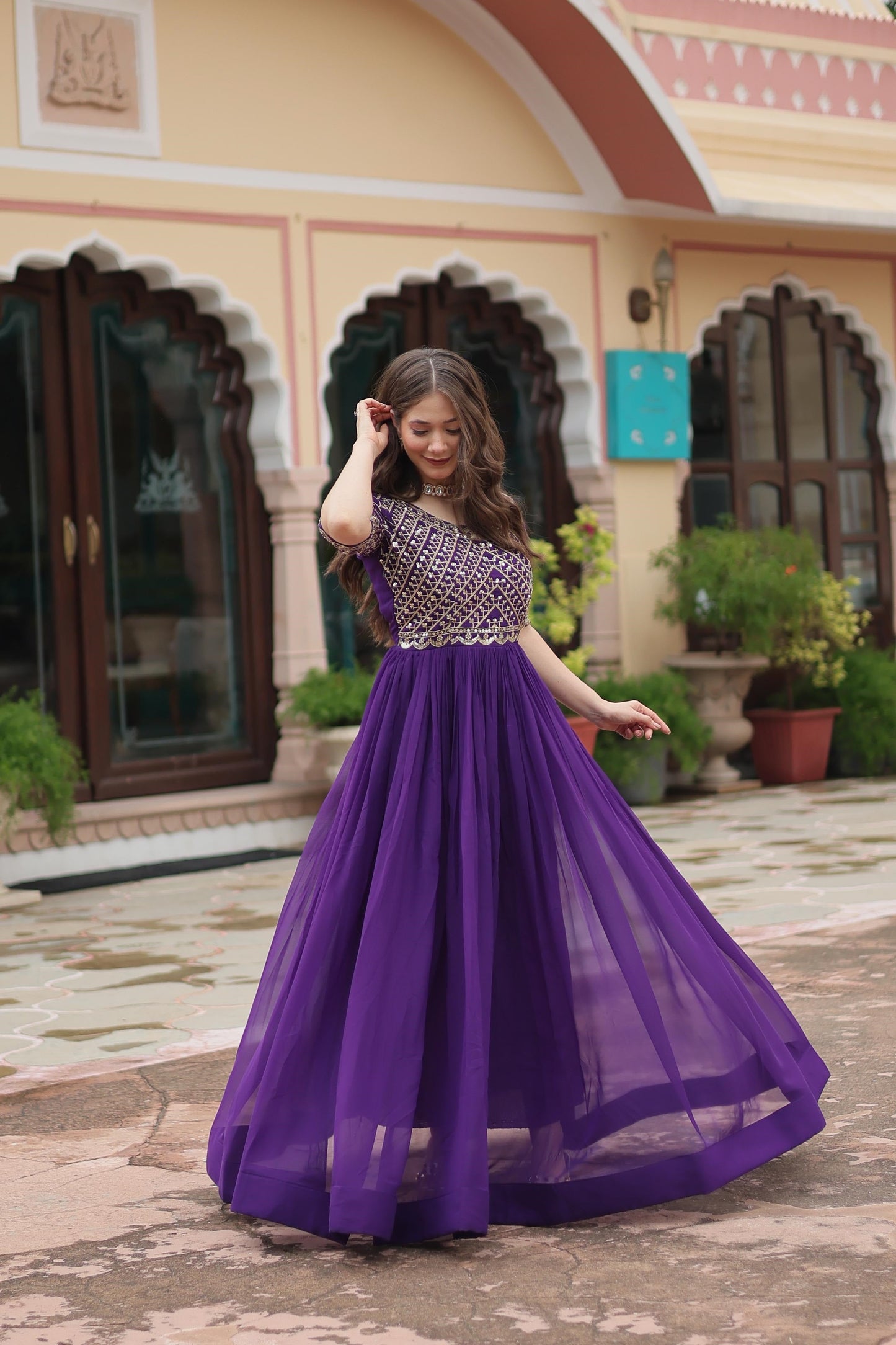 Lovely Fancy Round Neck Pink And Purple Color Gown