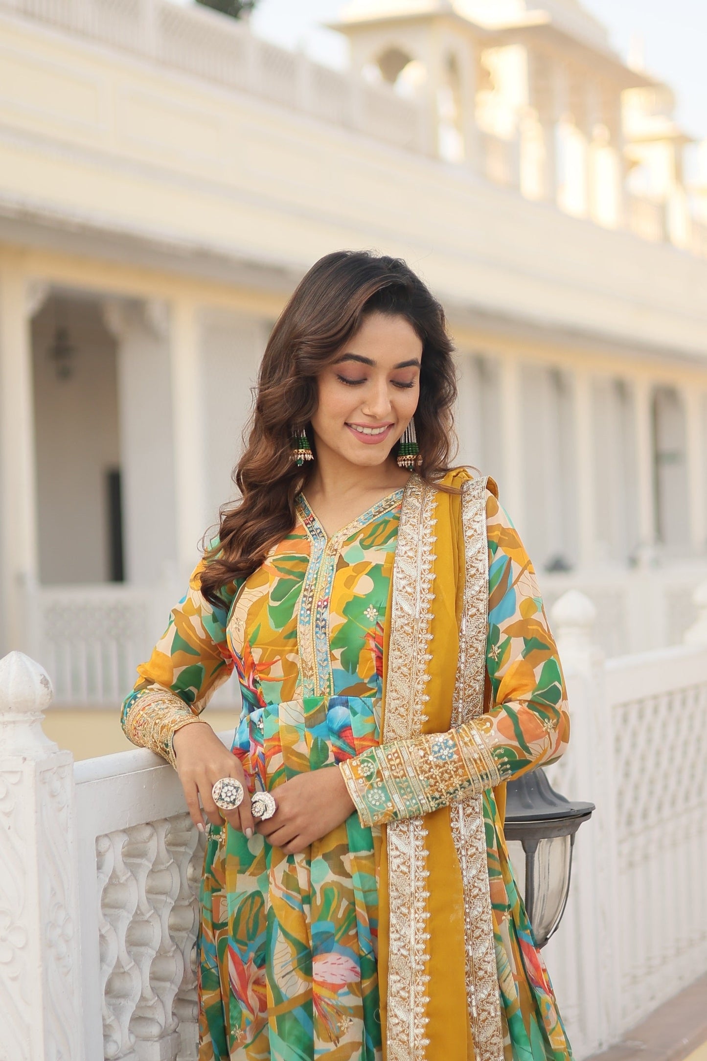Fantastic Pink And Perrot Multi Digital Printed Gown With Dupatta