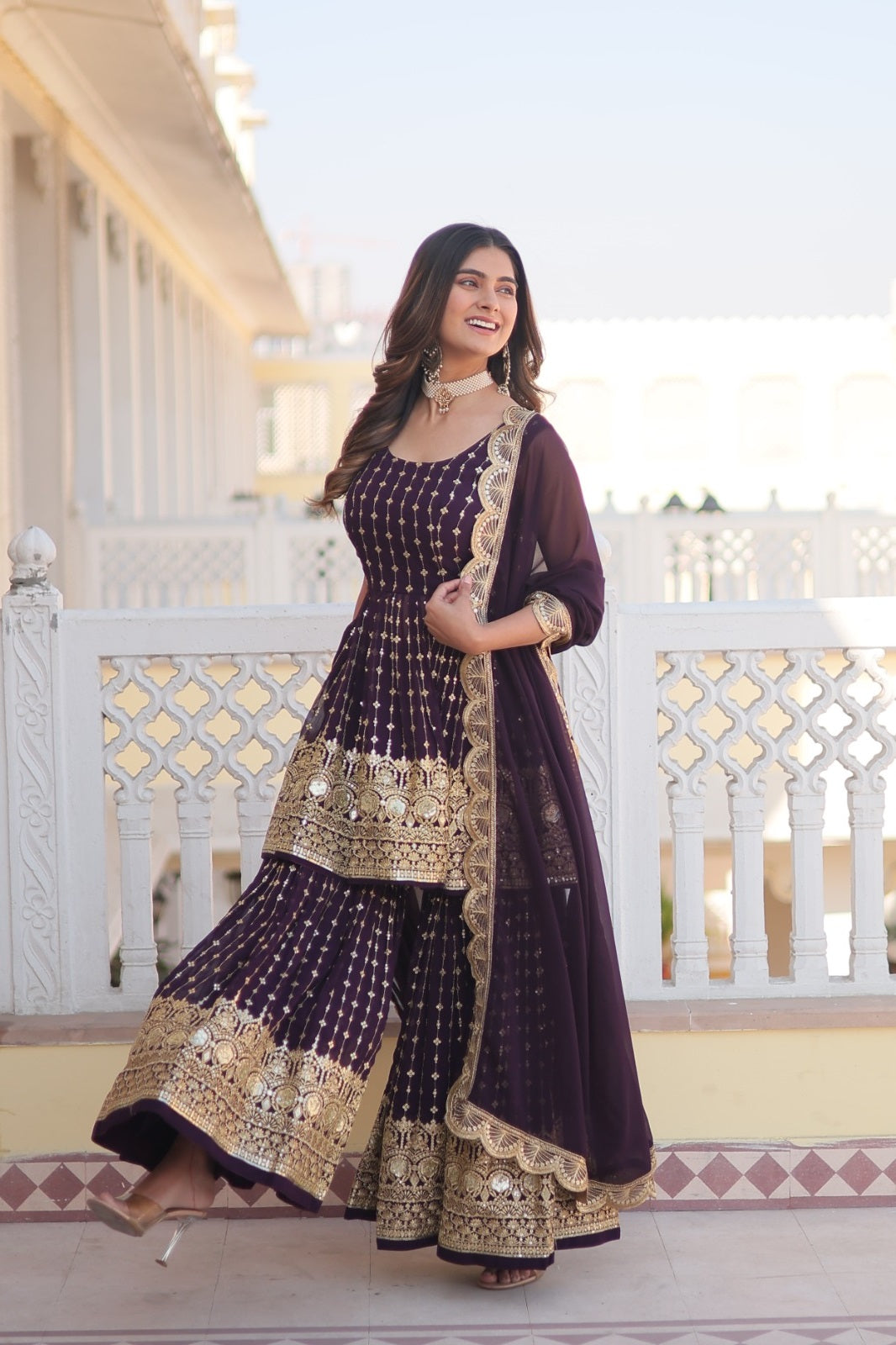 Unique Faux Georgette Purple & Pink Color Top With Sharara Suit