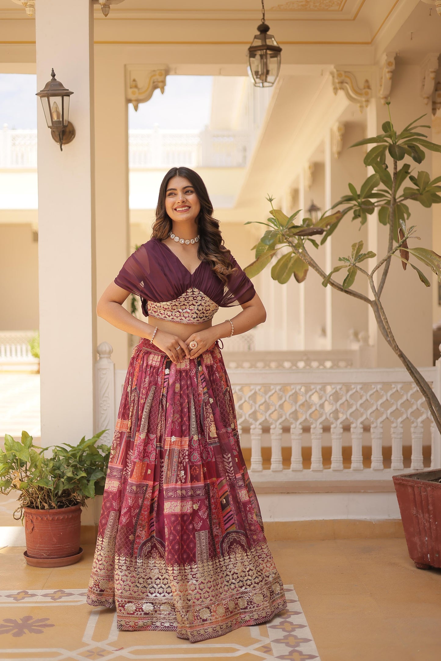 Trendy Digital Printed Silk Purple, Orange And Sky Color Lehenga