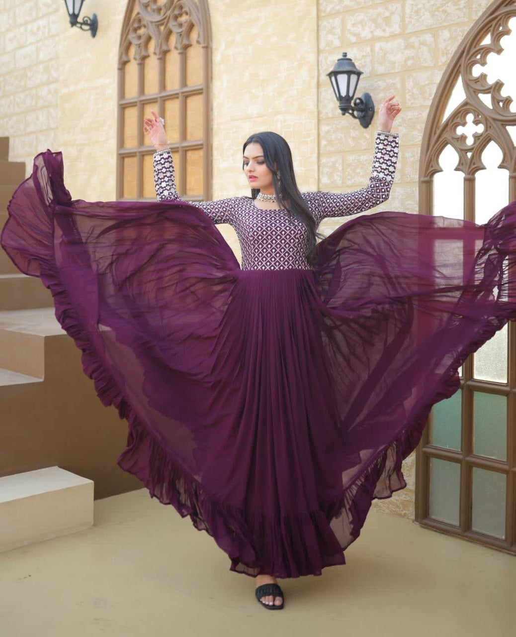 Peaceful Embroidered Work Wine, Yellow & Pink Color Gown