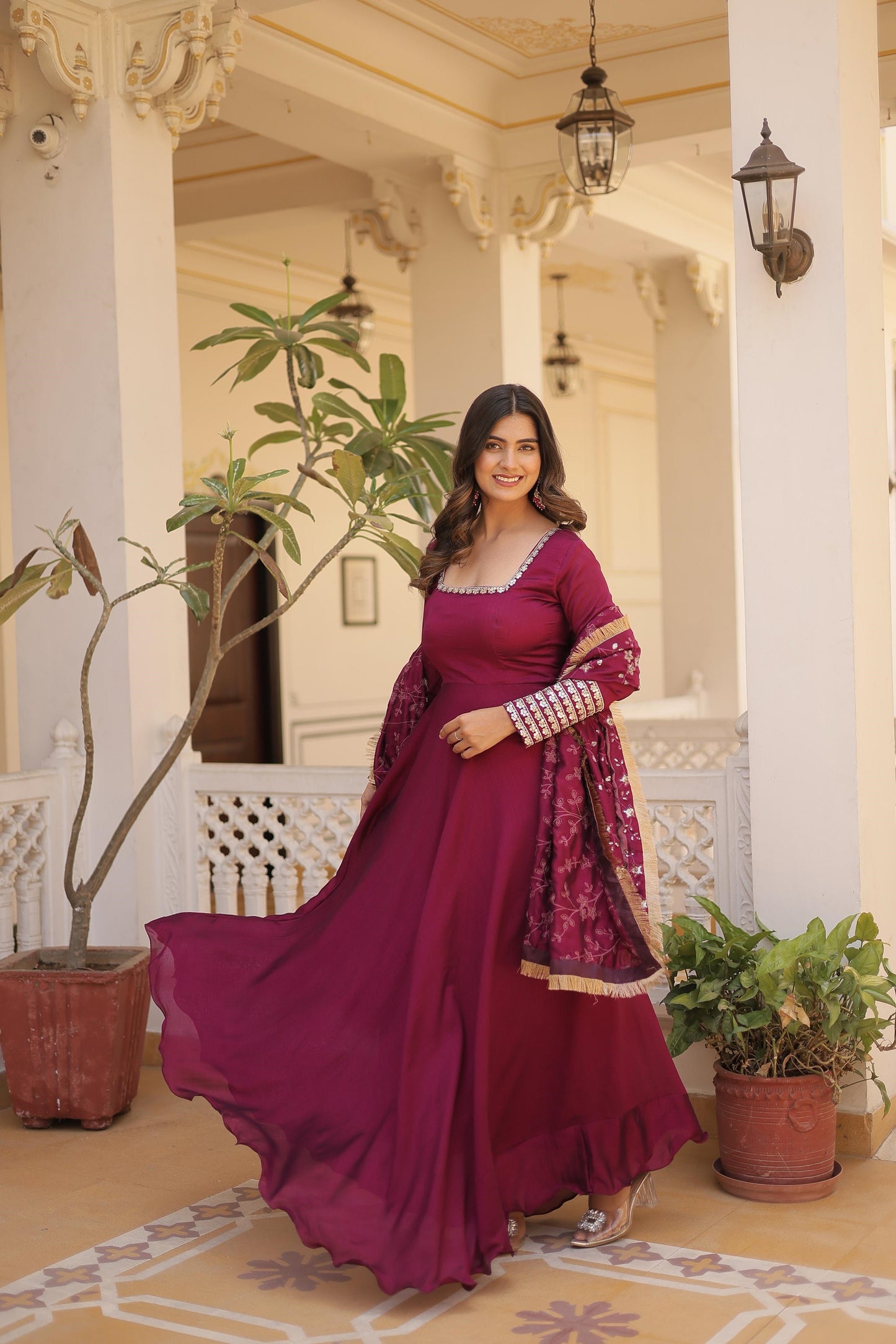 Ravishing Vichitra Silk Wine , Purple And Red Color Full Gown