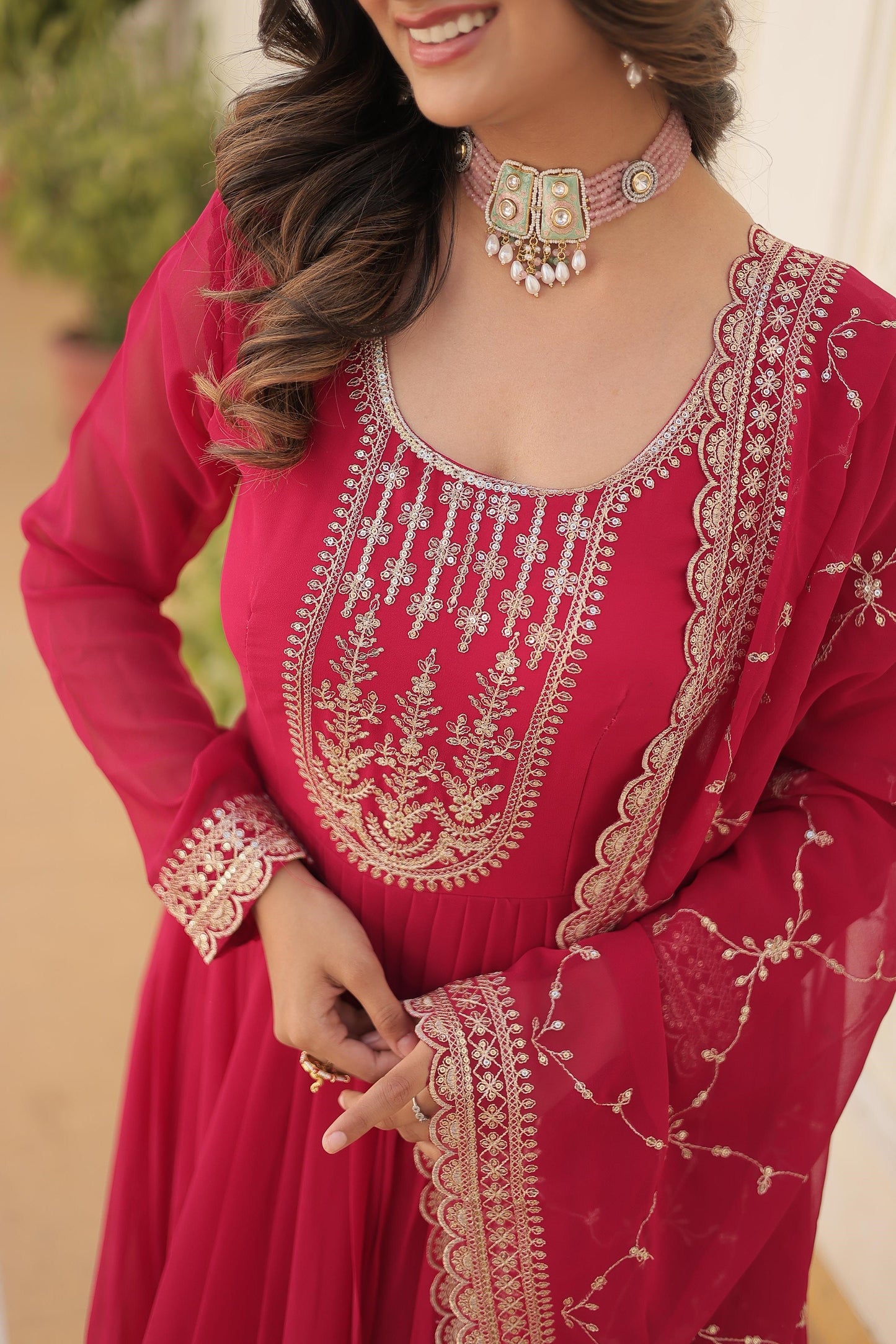 Ravishing Embroidered Work Maroon, Wine & Pink Color Gown