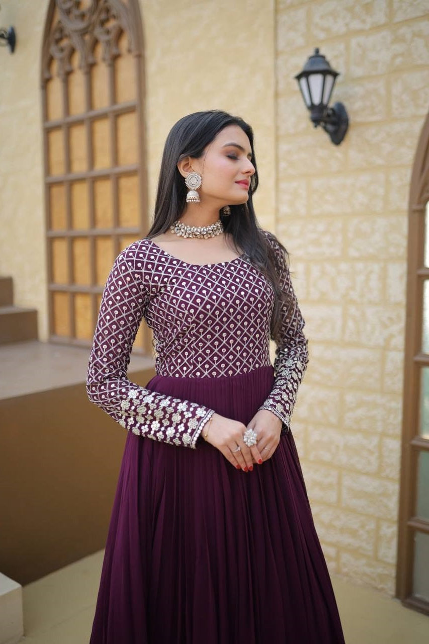 Peaceful Embroidered Work Wine, Yellow & Pink Color Gown