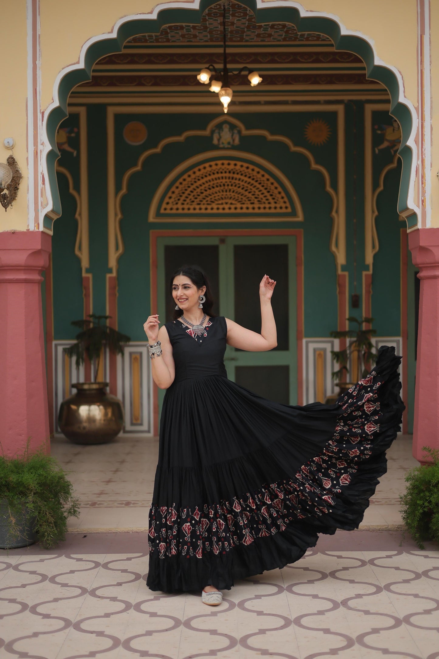 Festive Wear Reyon Printed Maroon & Black Color Gown
