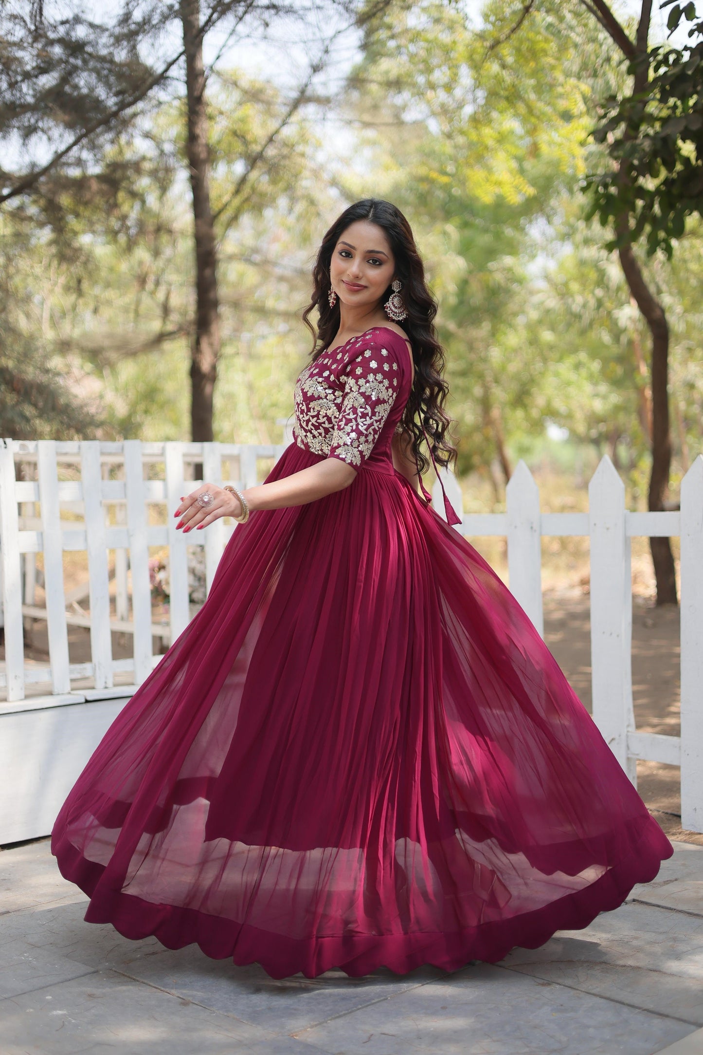 Superhit Zari Sequence Work Teal Blue And Red Color Gown