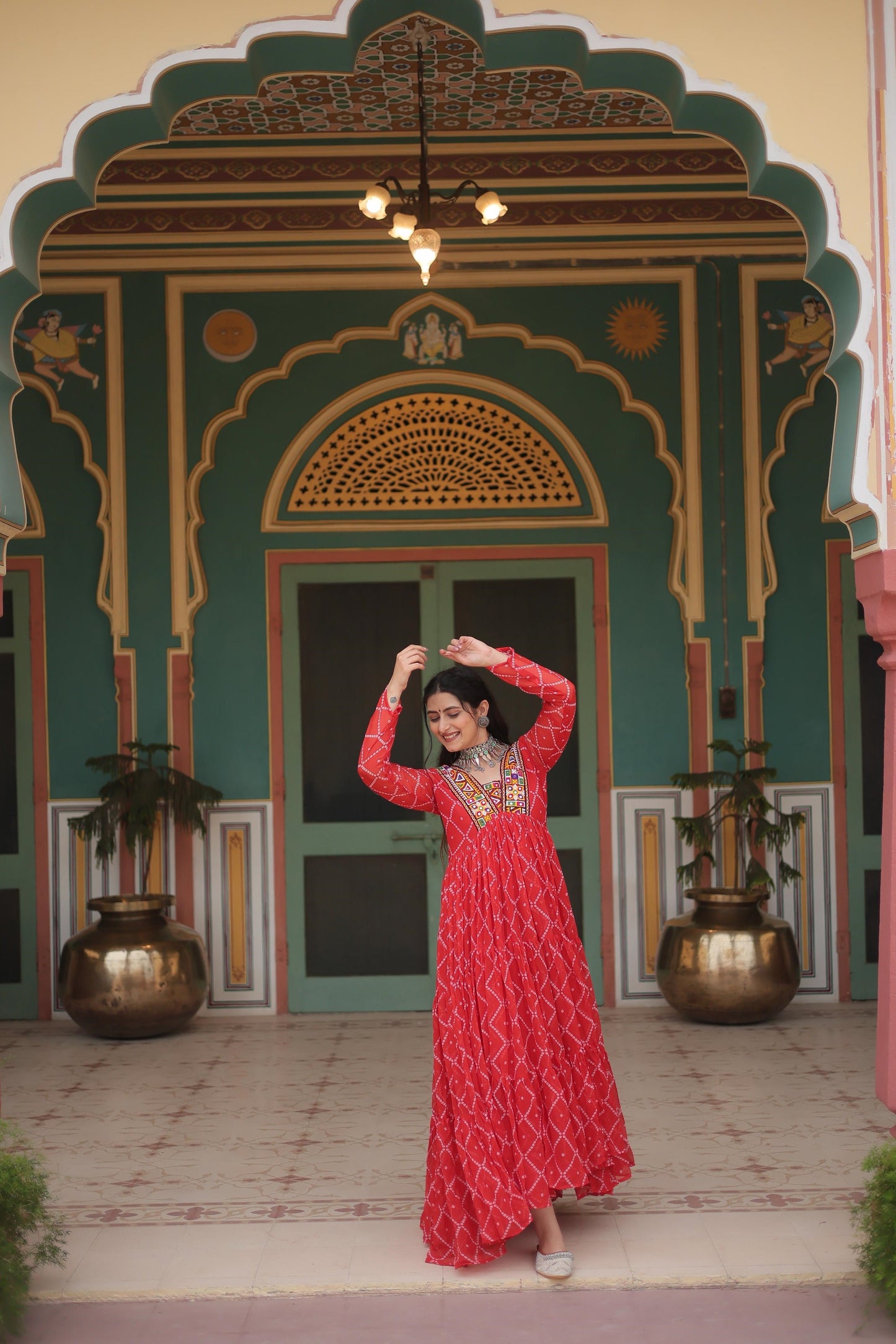 Festive Wear Bandhani Print Work Blue, Orange And Purple Color Gown
