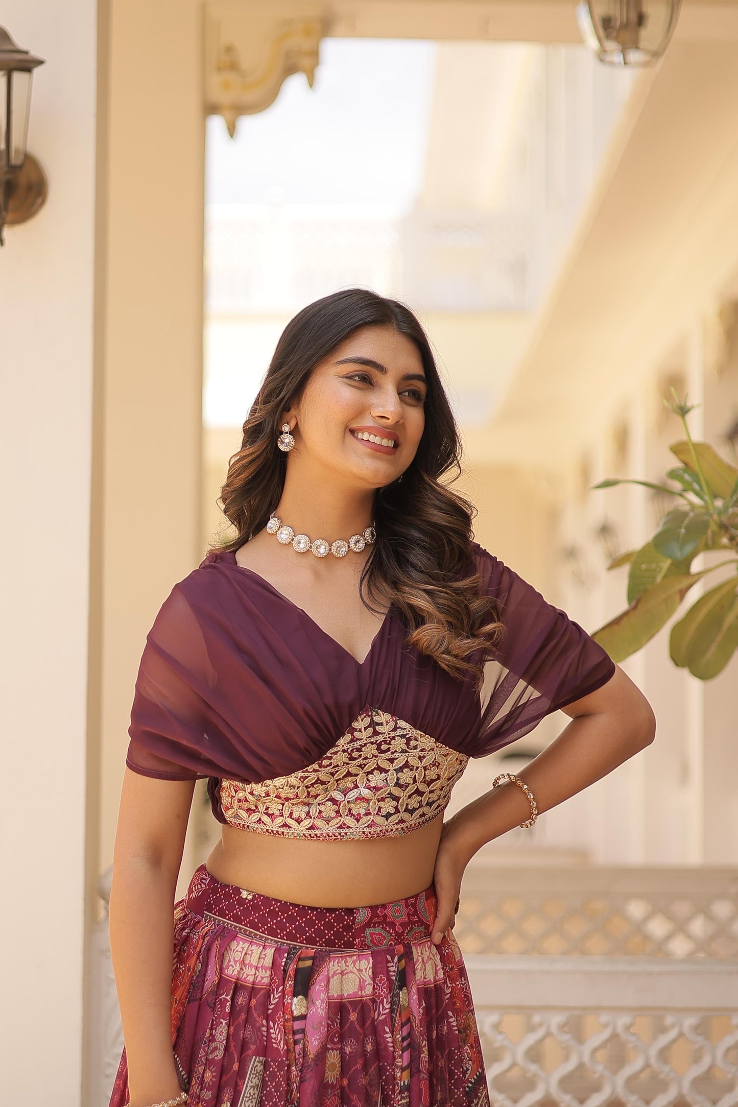 Trendy Digital Printed Silk Purple, Orange And Sky Color Lehenga