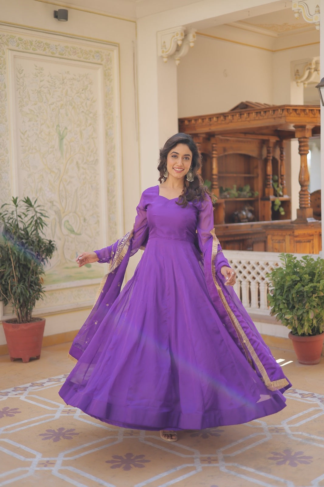 Elegant Russian Silk Purple, Green, Pink & Orange Color Gown