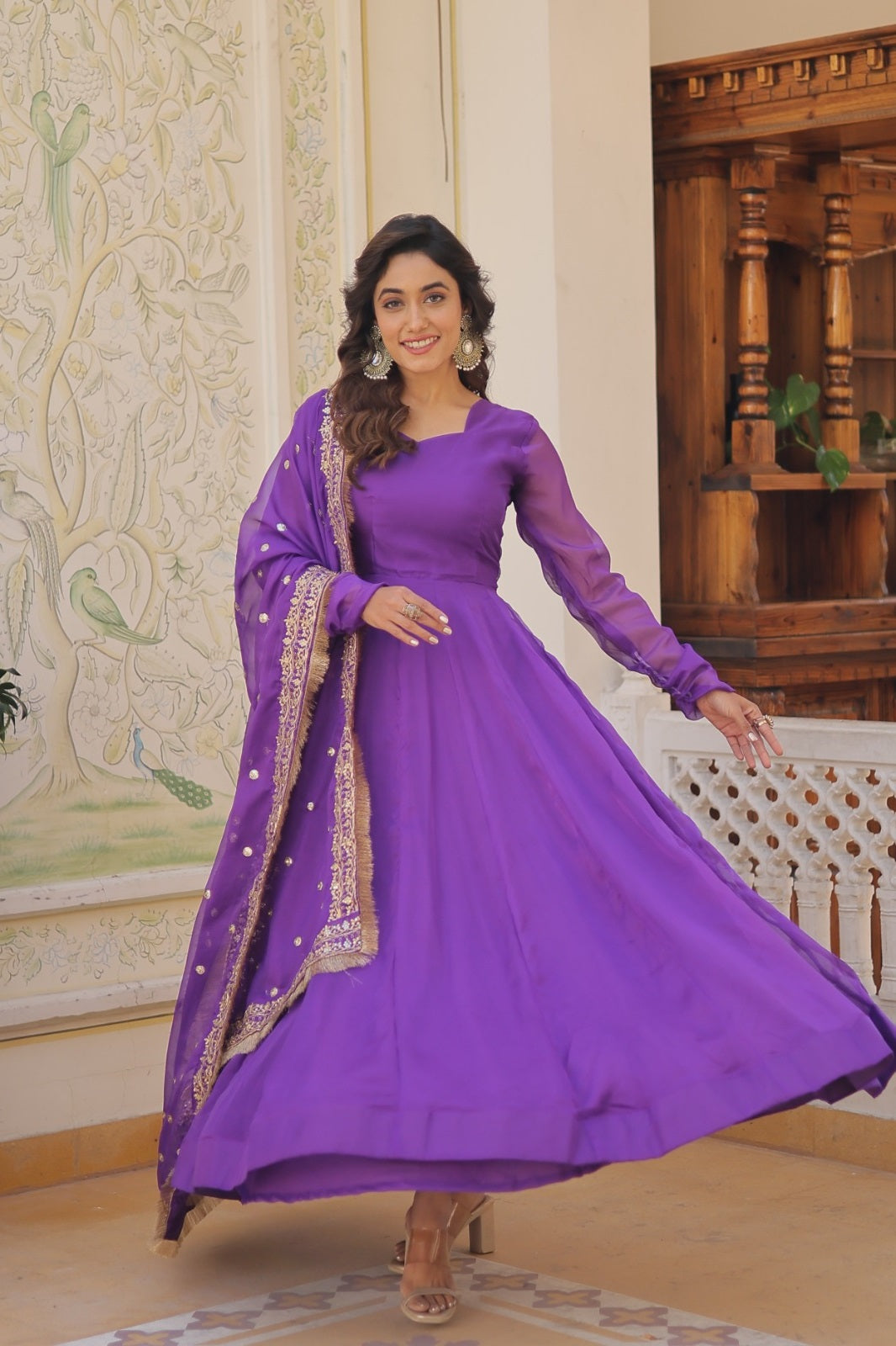 Elegant Russian Silk Purple, Green, Pink & Orange Color Gown