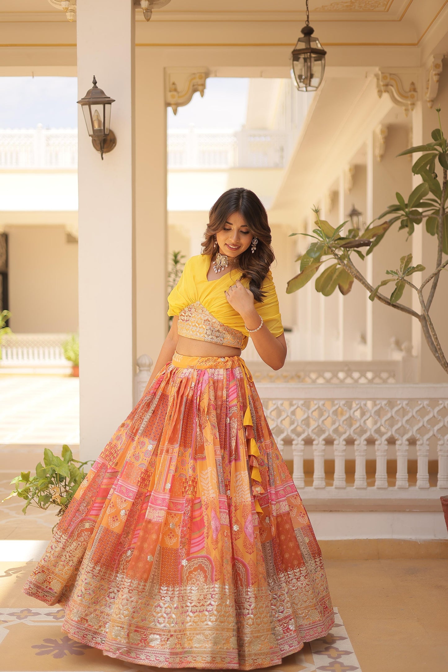 Trendy Digital Printed Silk Purple, Orange And Sky Color Lehenga