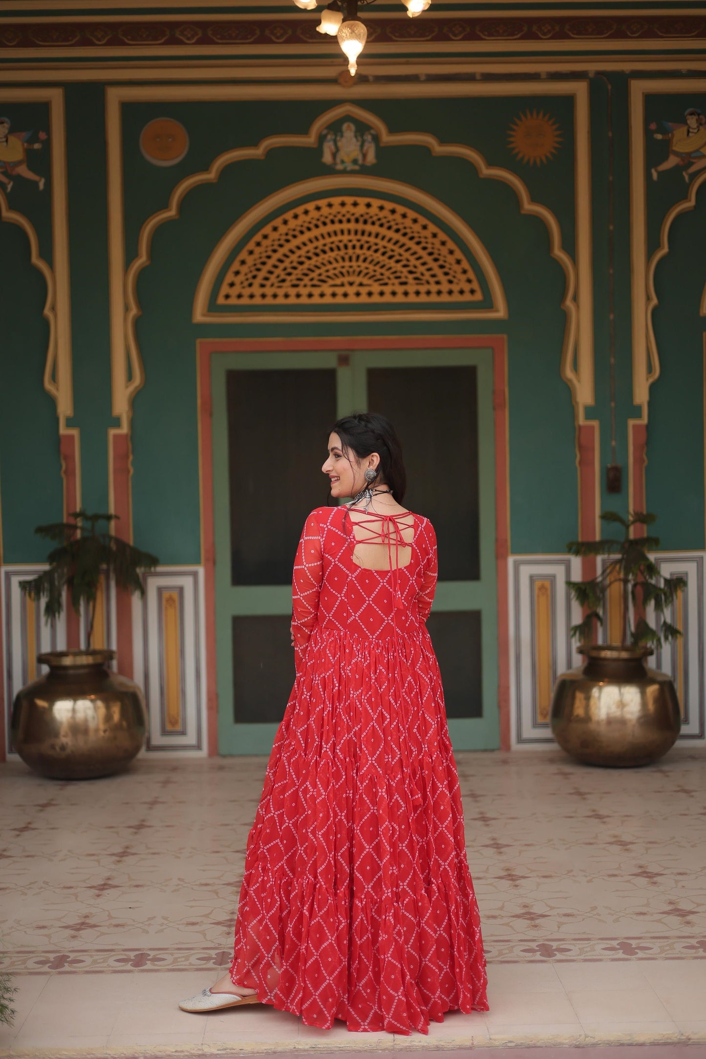 Festive Wear Bandhani Print Work Blue, Orange And Purple Color Gown