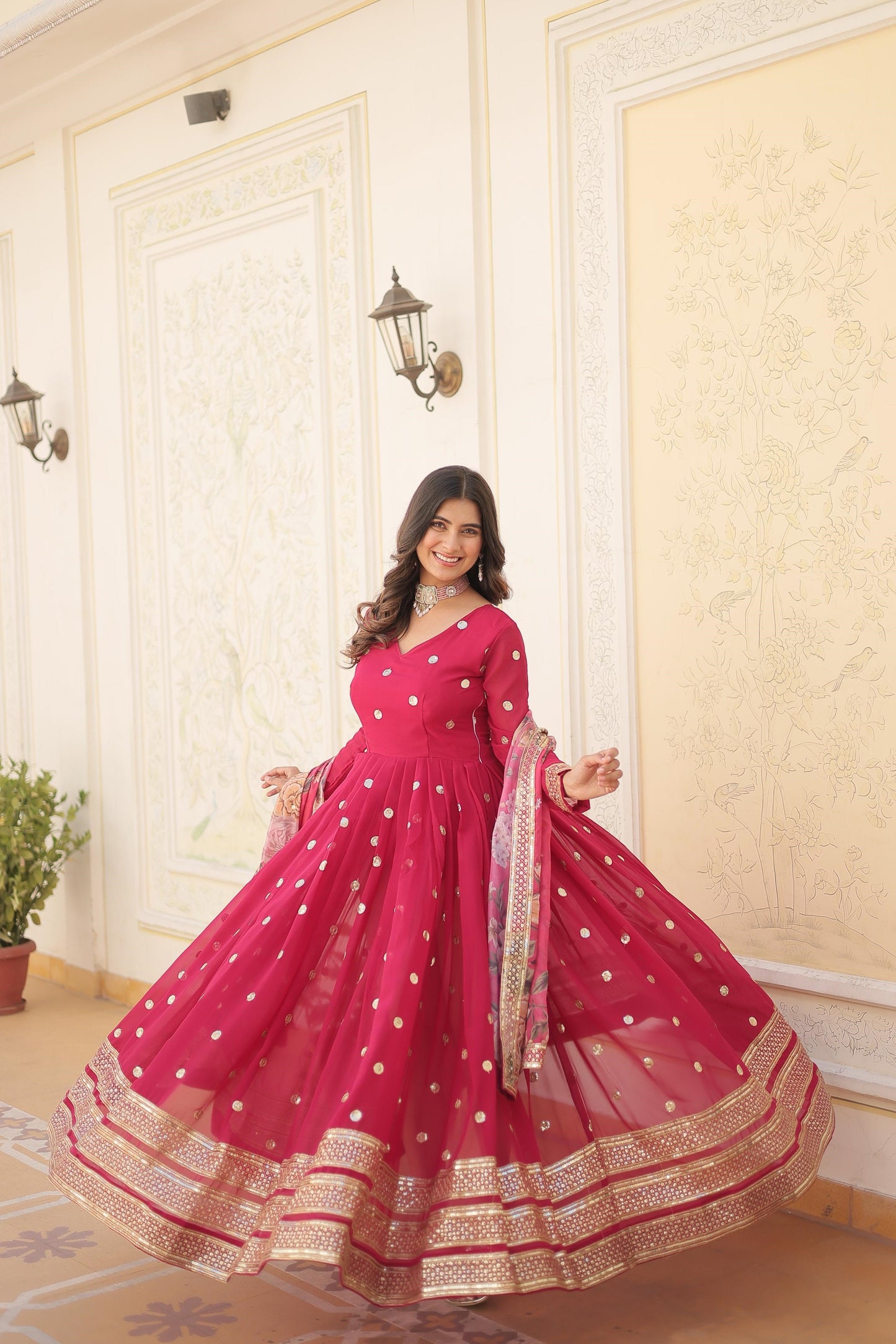 Function Wear Purple, Yellow And Pink Color Faux Georgette Gown