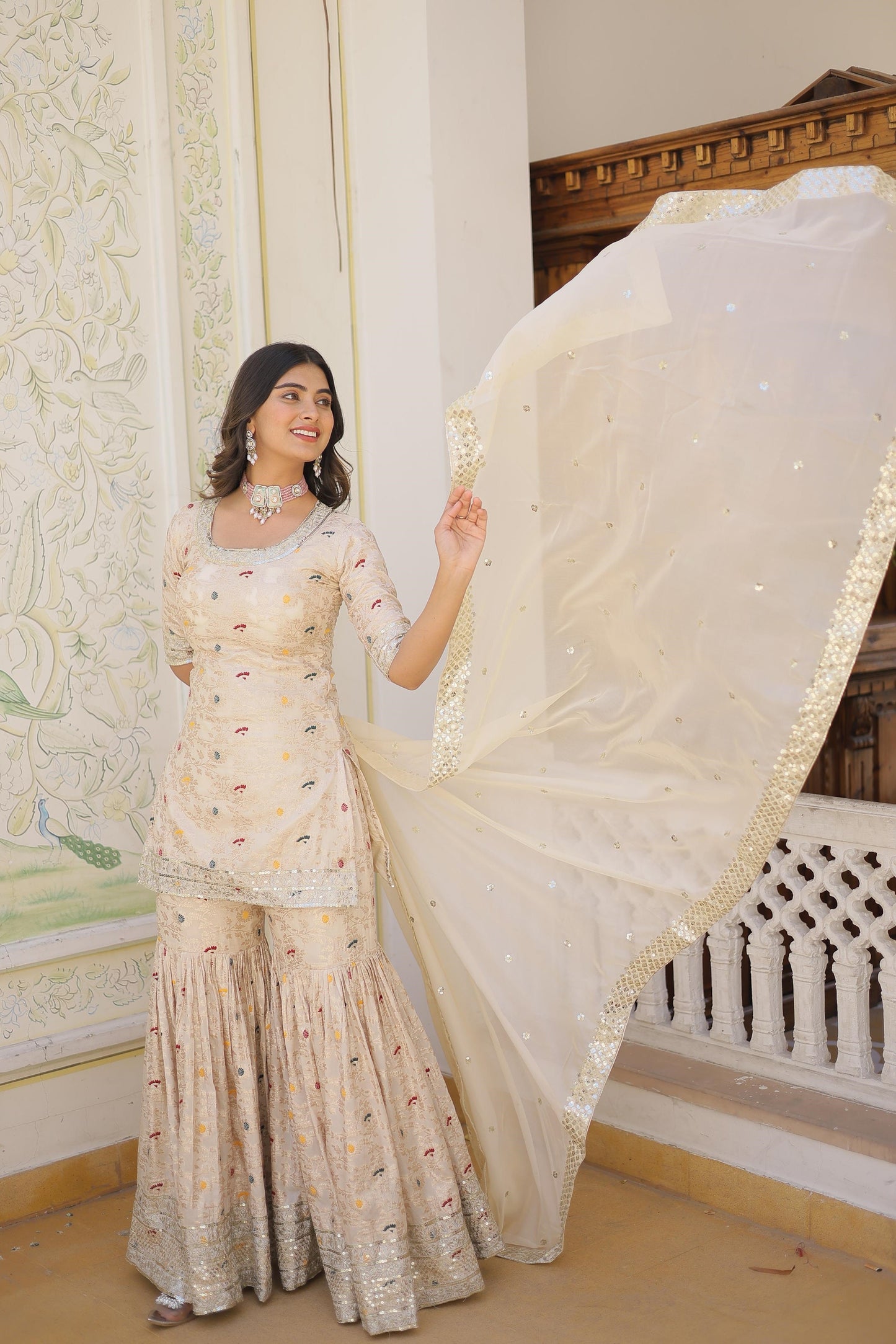 Function Wear Jacquerd Pink, Cream & Purple Color Sharara Suit
