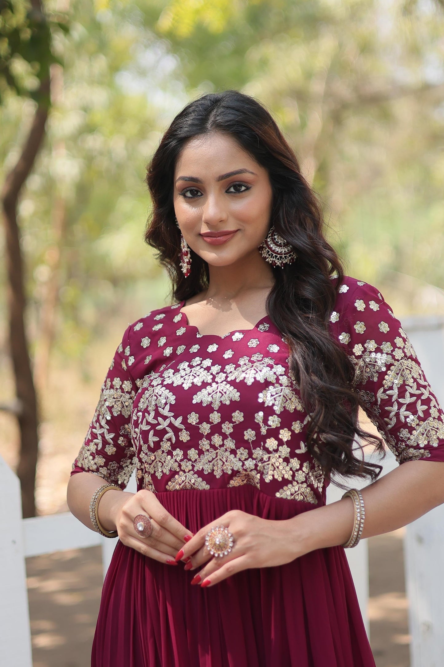 Superhit Zari Sequence Work Teal Blue And Red Color Gown