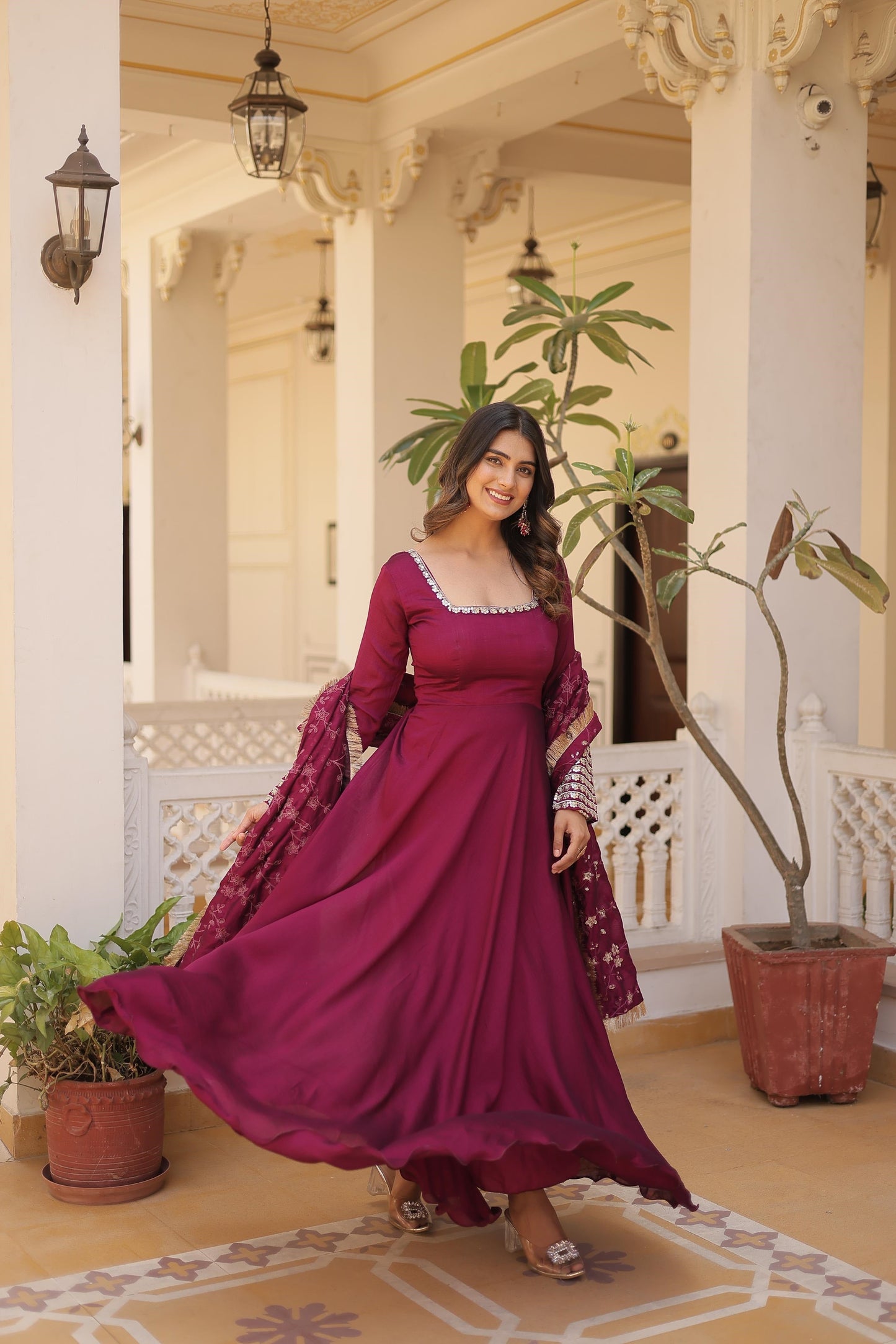 Ravishing Vichitra Silk Wine , Purple And Red Color Full Gown