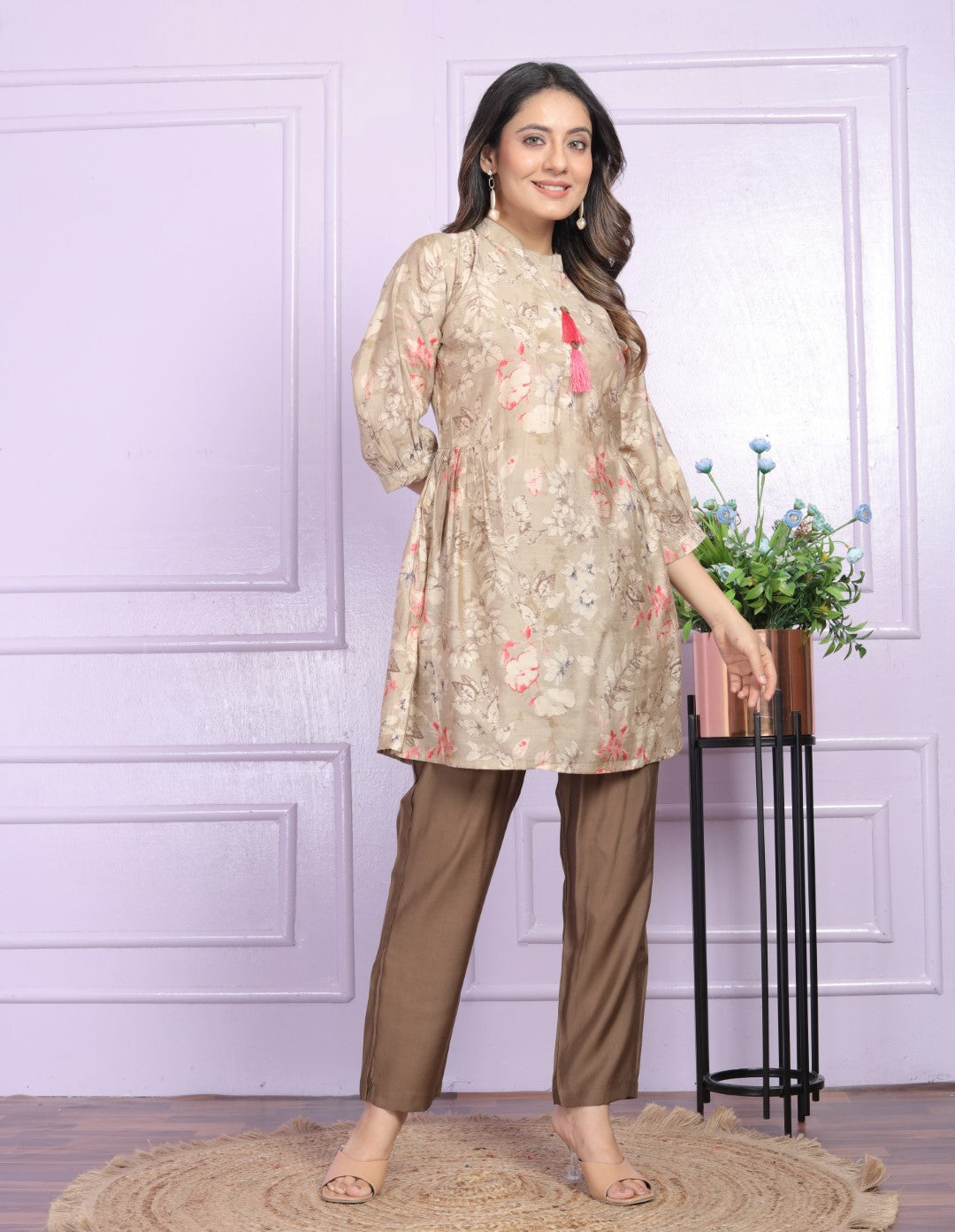 Mesmerizing Modal Silk Beige Color Fancy Tunic With Pent
