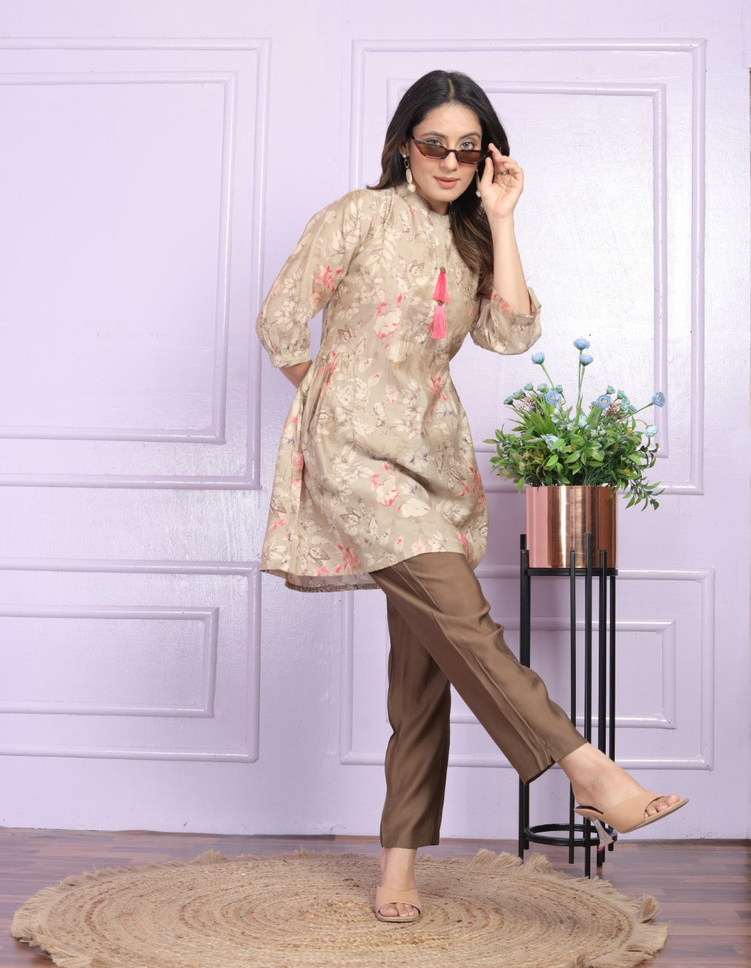 Mesmerizing Modal Silk Beige Color Fancy Tunic With Pent