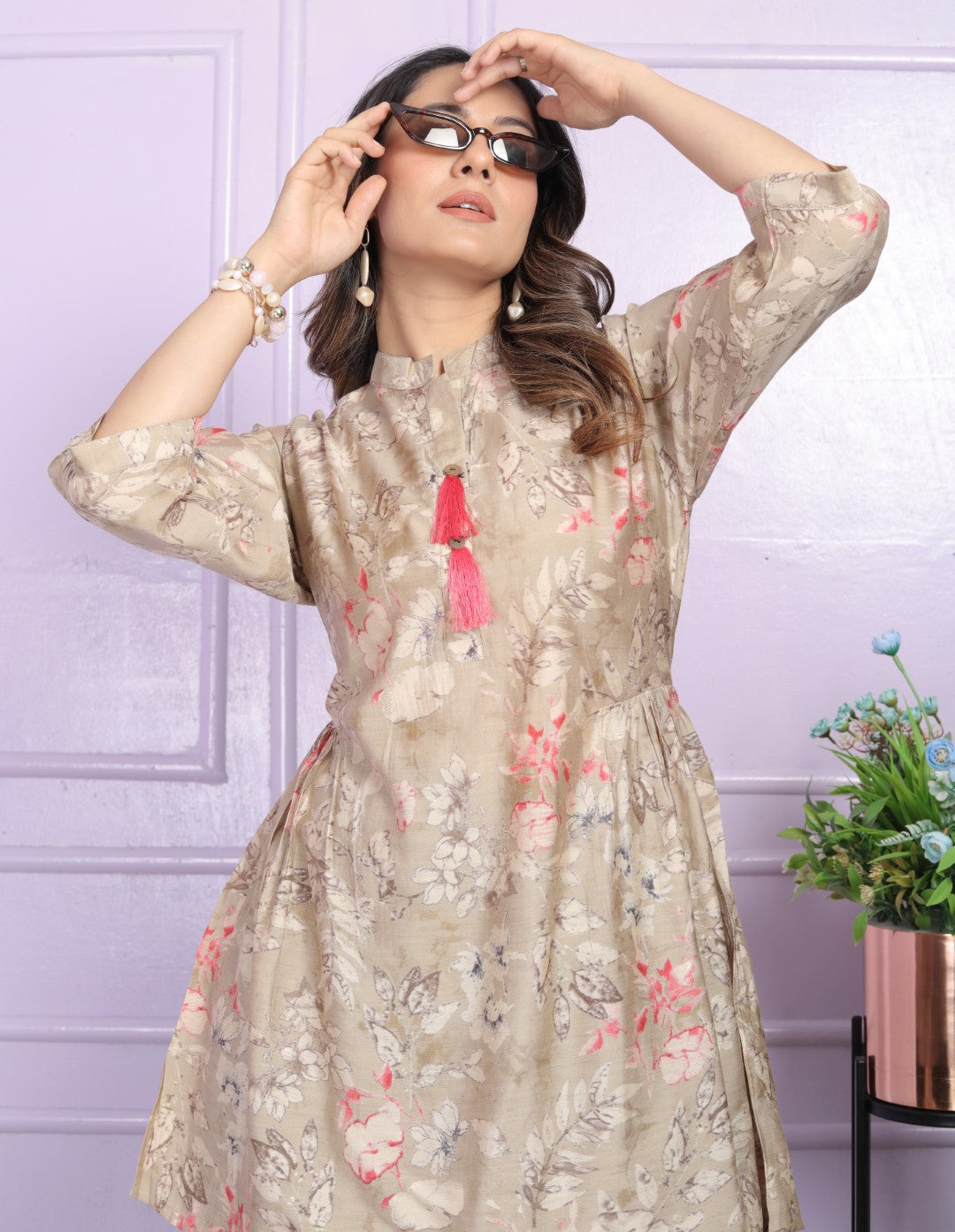 Mesmerizing Modal Silk Beige Color Fancy Tunic With Pent