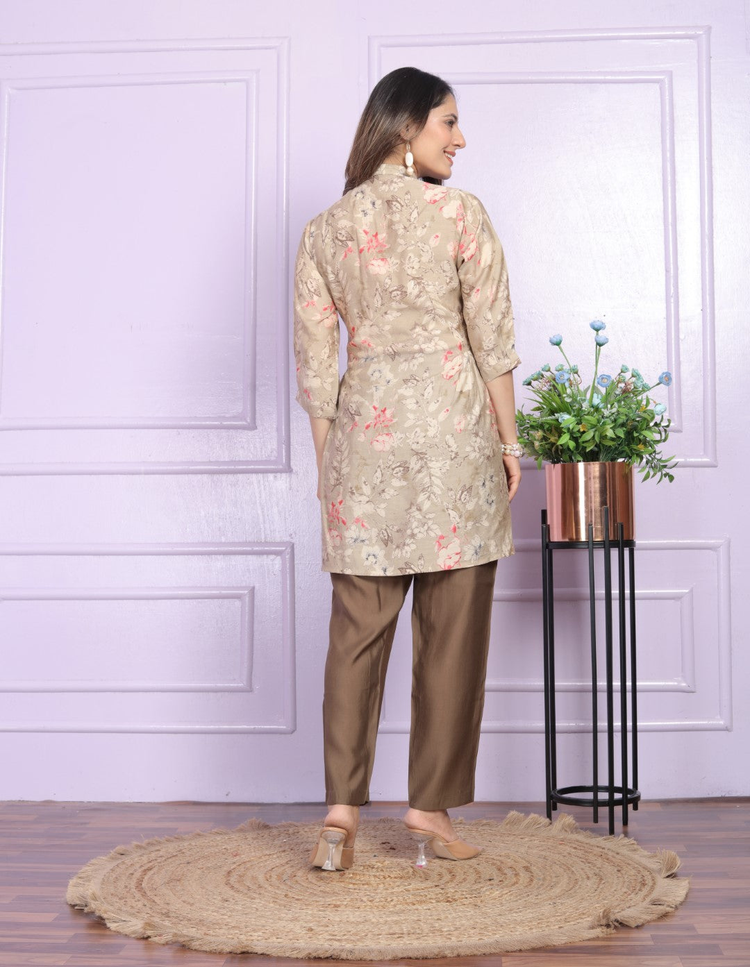 Mesmerizing Modal Silk Beige Color Fancy Tunic With Pent