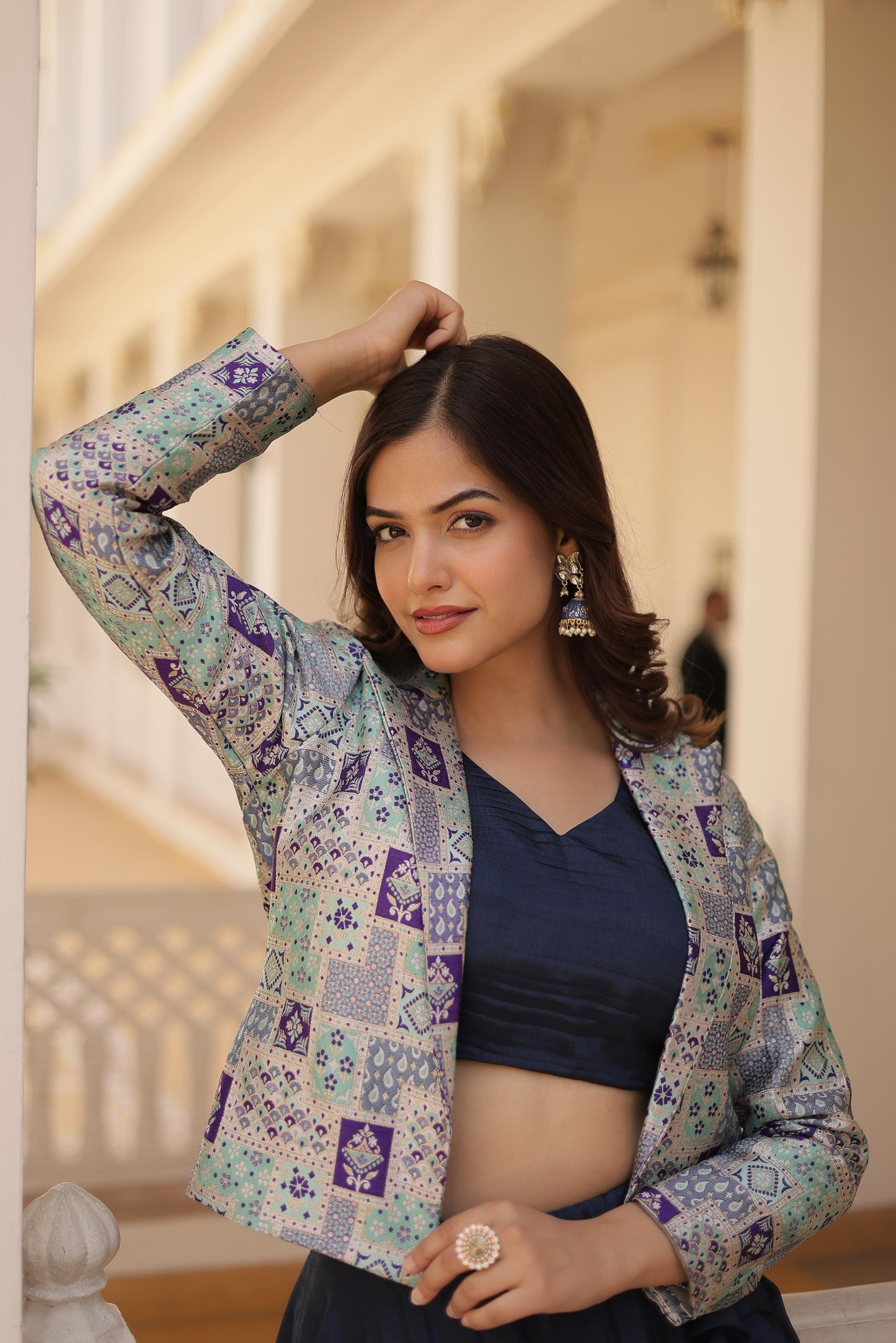 Pretty Chinnon Purple, Pink And Blue Color Lehenga Choli With Koti