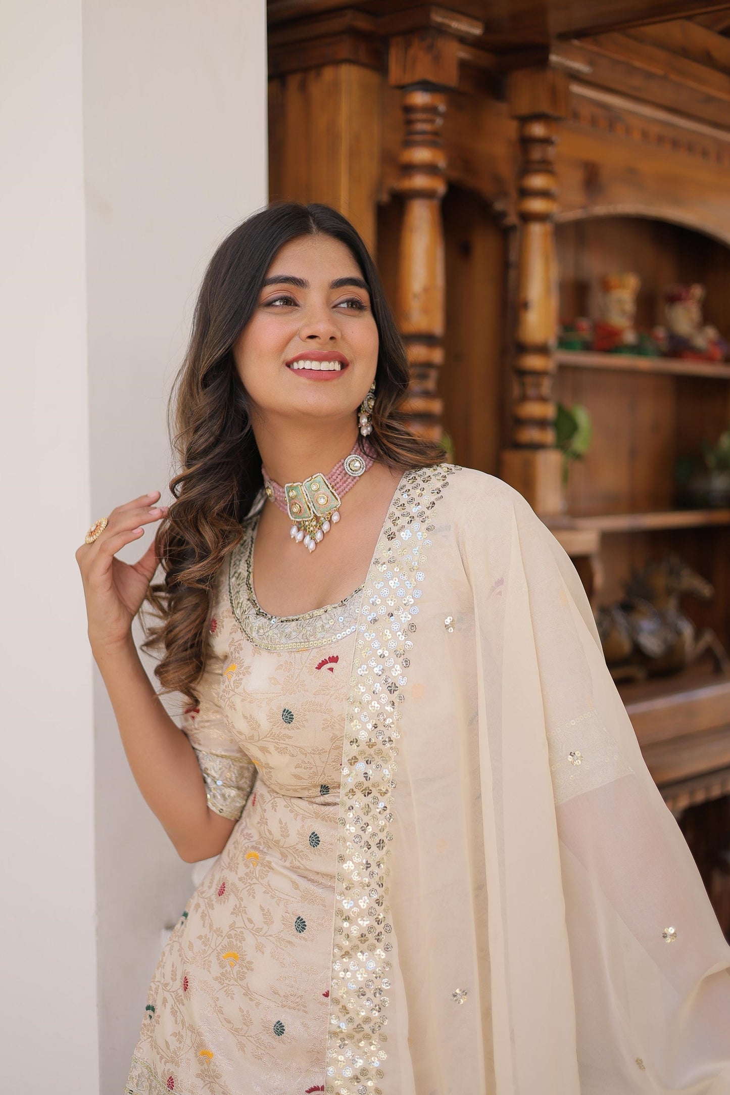 Function Wear Jacquerd Pink, Cream & Purple Color Sharara Suit