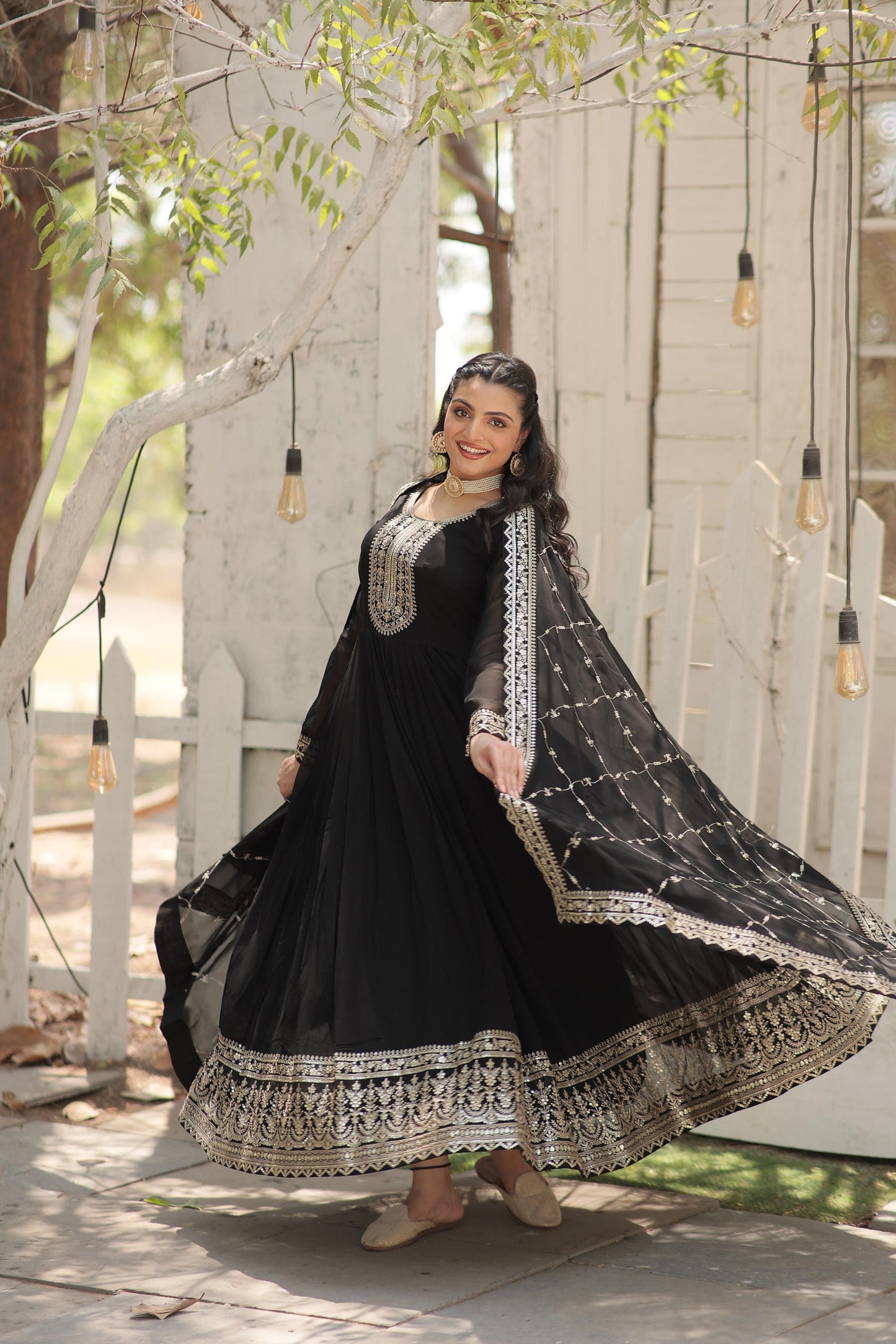 Ravishing Embroidered Work Black & Purple Color Gown
