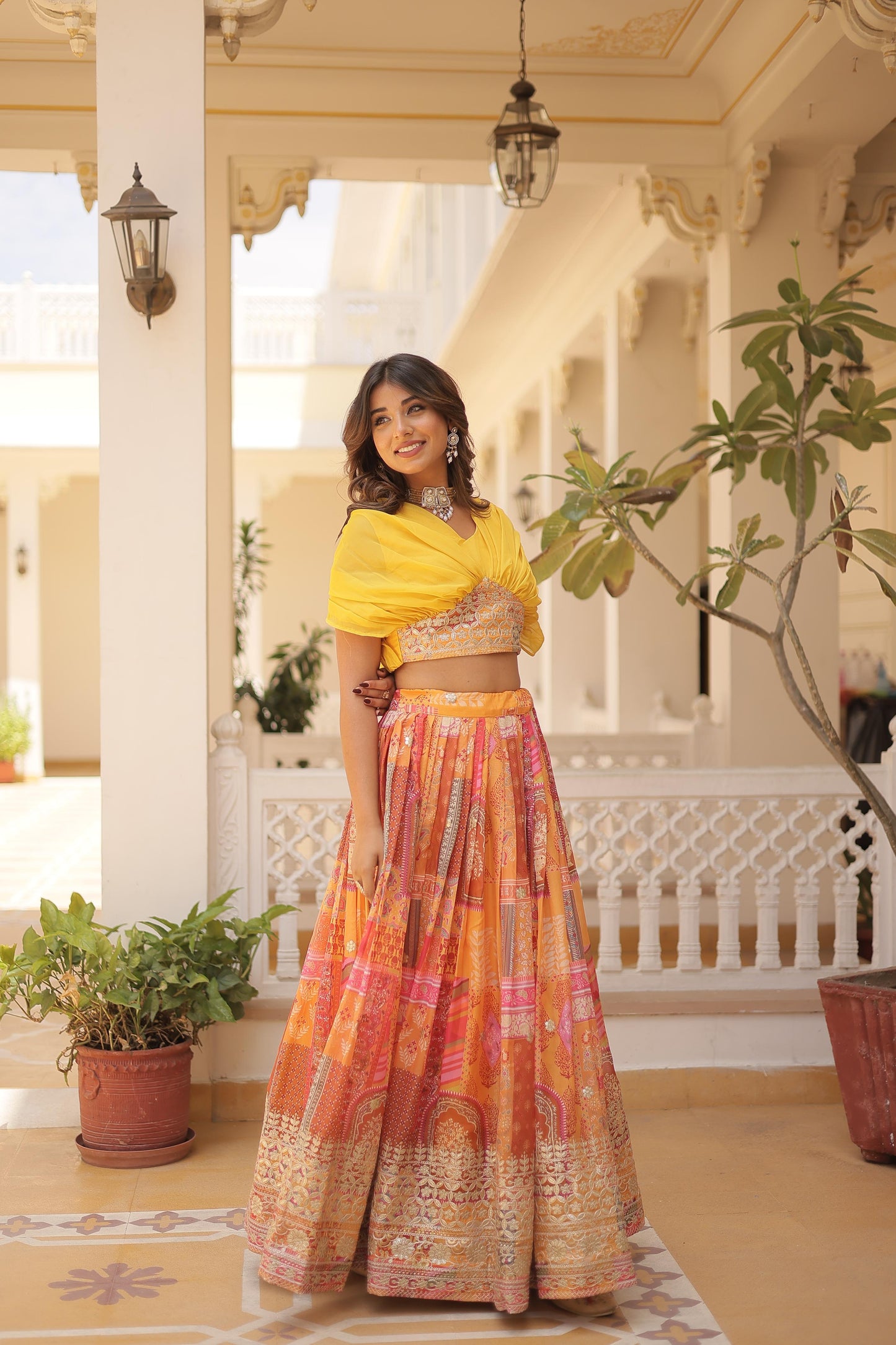 Trendy Digital Printed Silk Purple, Orange And Sky Color Lehenga