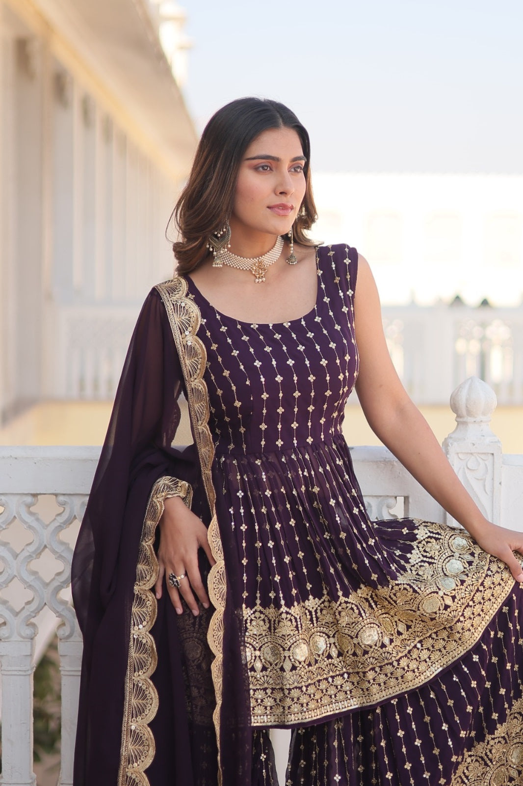 Unique Faux Georgette Purple & Pink Color Top With Sharara Suit