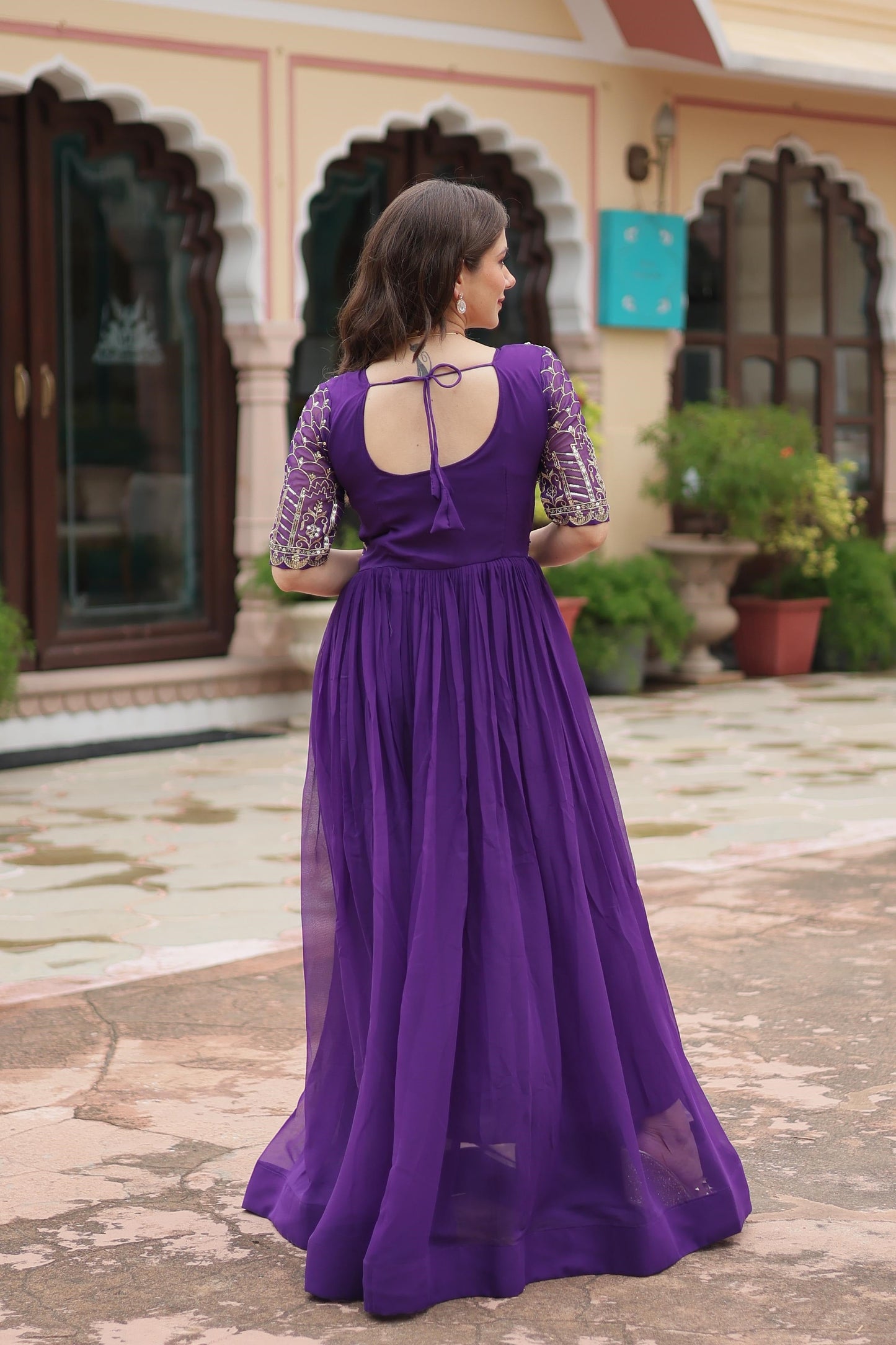 Lovely Fancy Round Neck Pink And Purple Color Gown