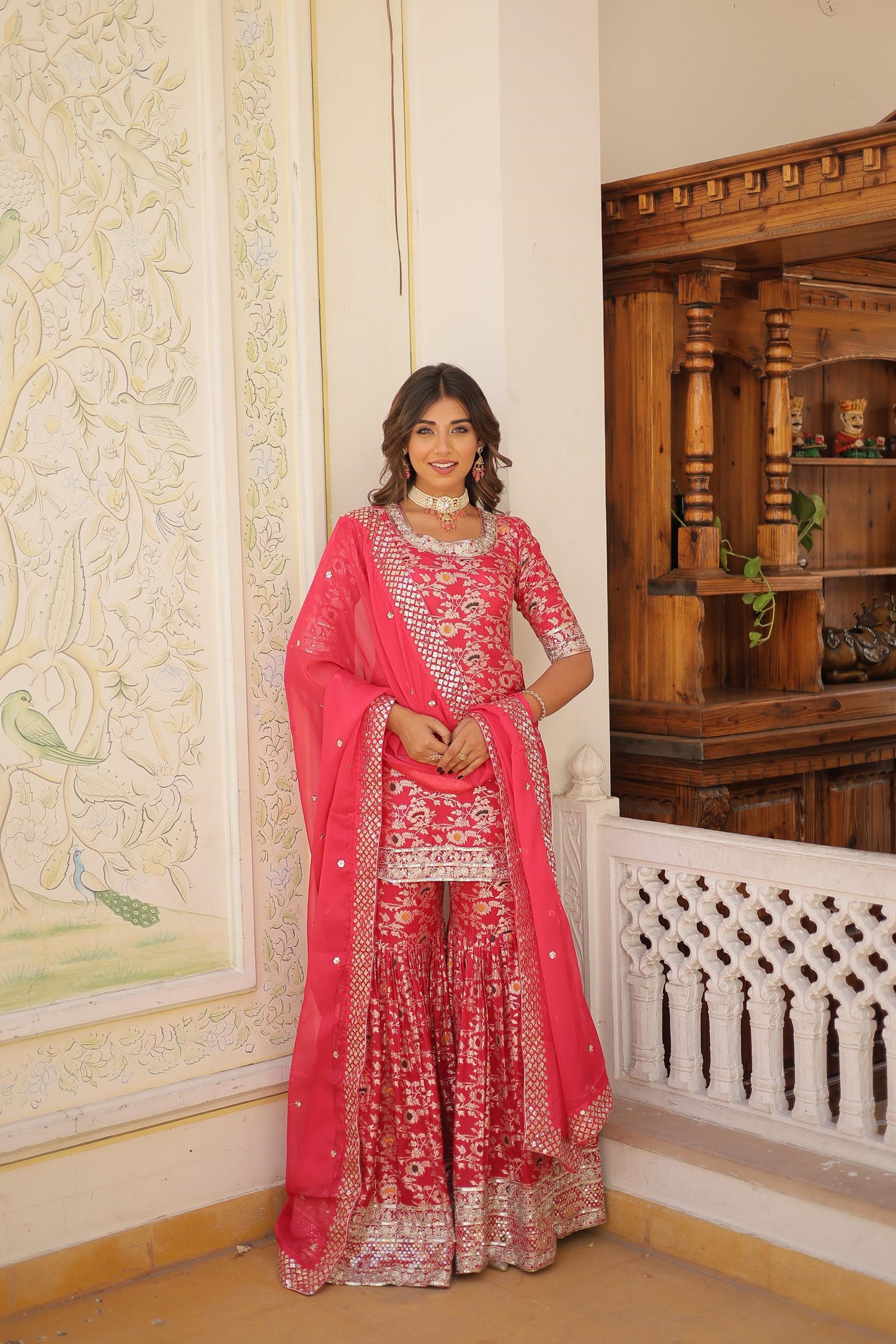 Function Wear Jacquerd Pink, Cream & Purple Color Sharara Suit
