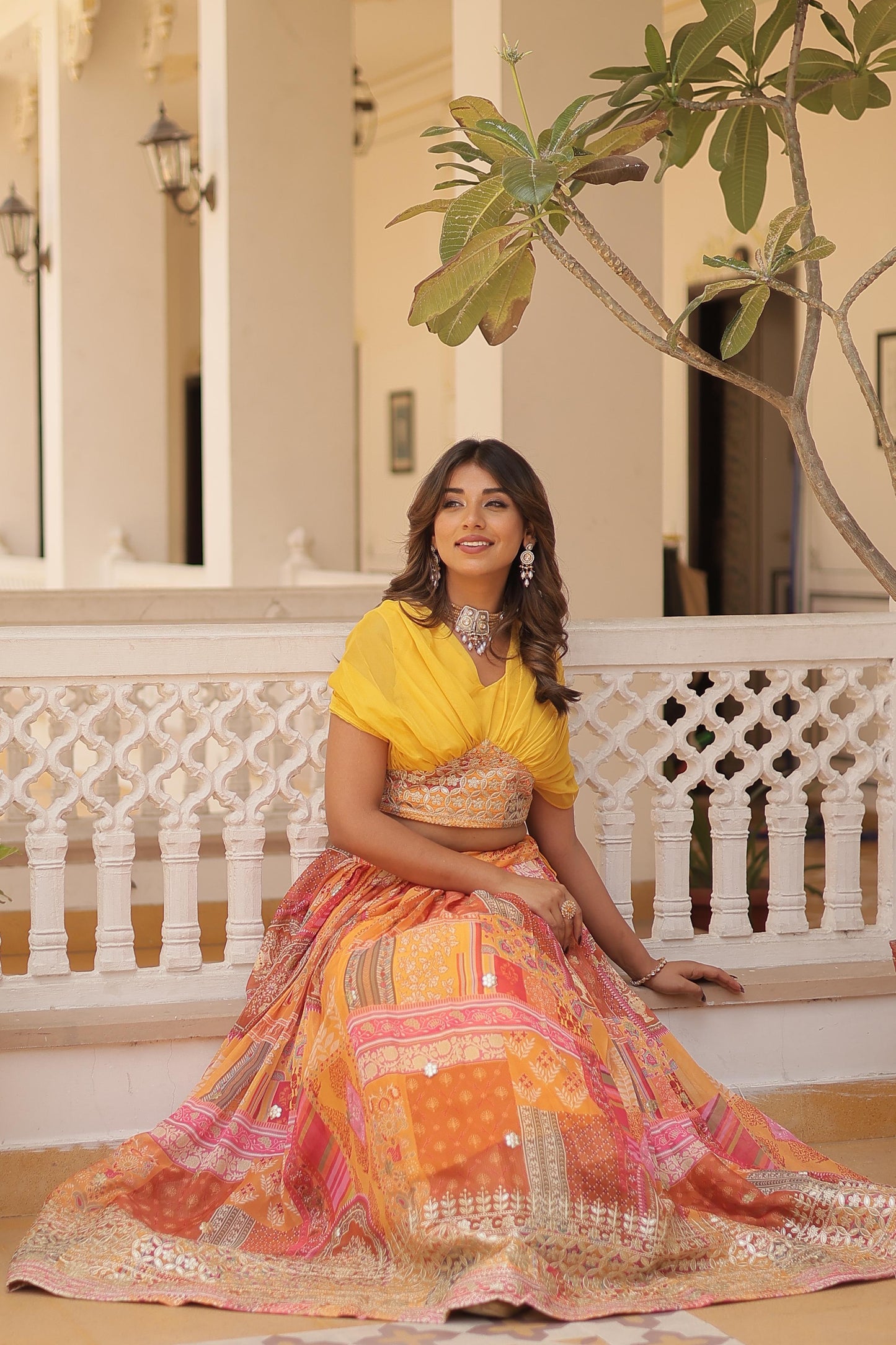 Trendy Digital Printed Silk Purple, Orange And Sky Color Lehenga