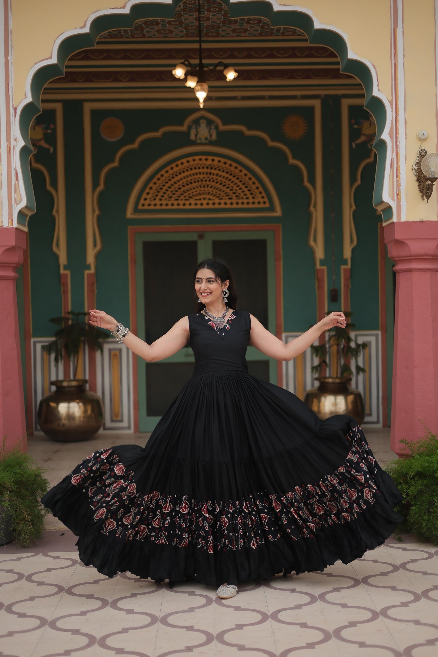 Festive Wear Reyon Printed Maroon & Black Color Gown