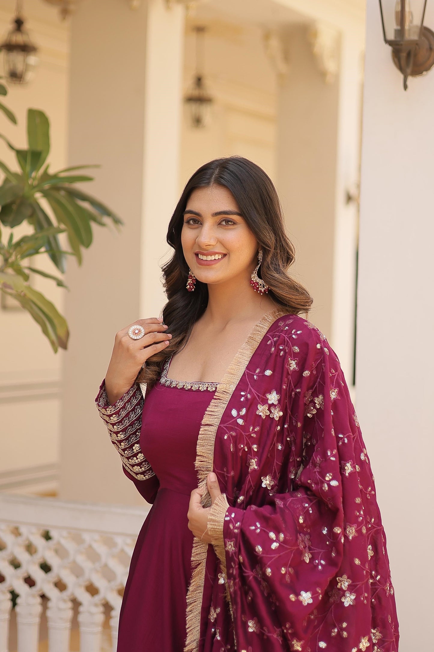 Ravishing Vichitra Silk Wine , Purple And Red Color Full Gown