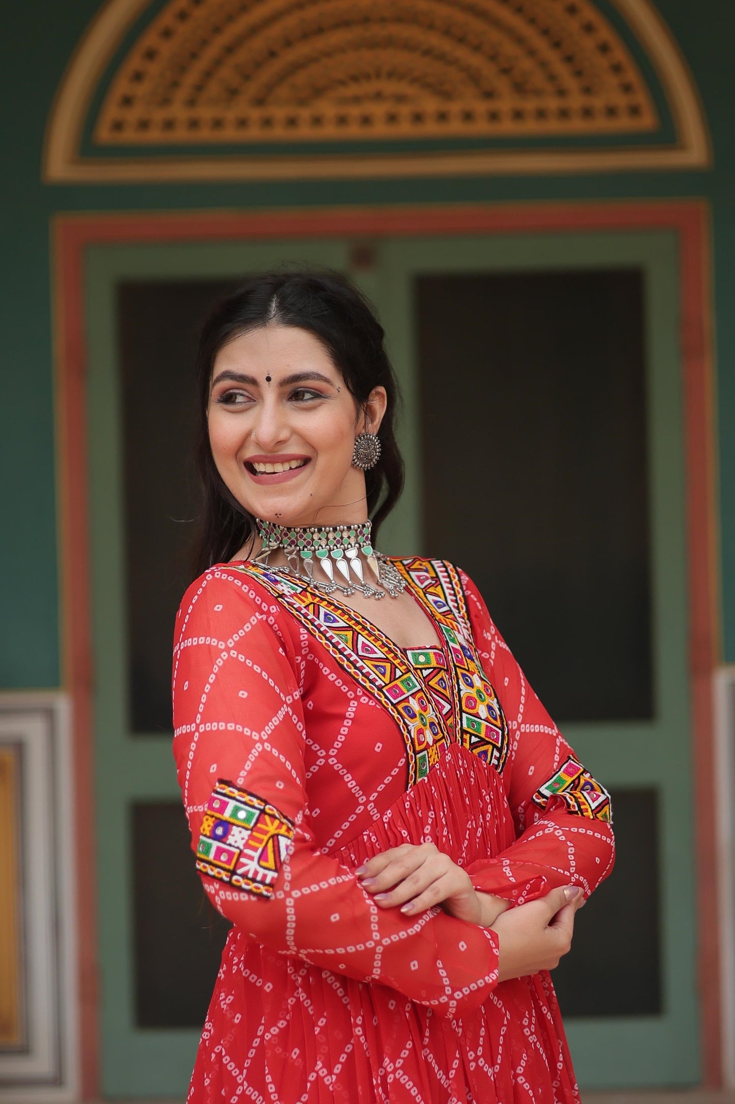 Festive Wear Bandhani Print Work Blue, Orange And Purple Color Gown