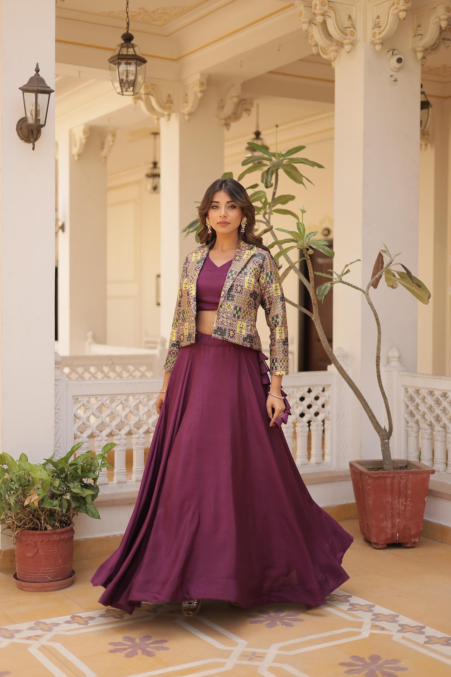 Pretty Chinnon Purple, Pink And Blue Color Lehenga Choli With Koti
