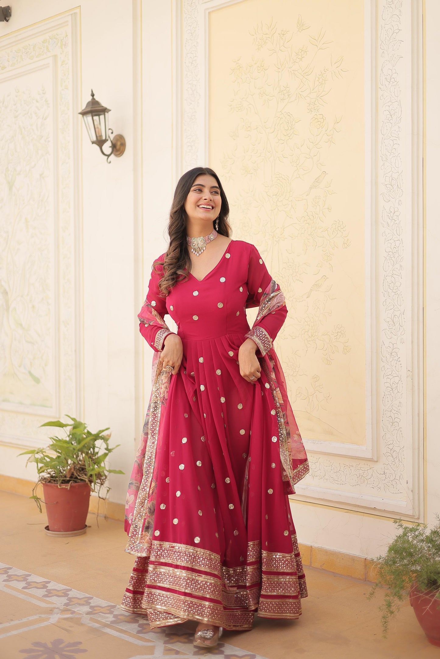 Function Wear Purple, Yellow And Pink Color Faux Georgette Gown
