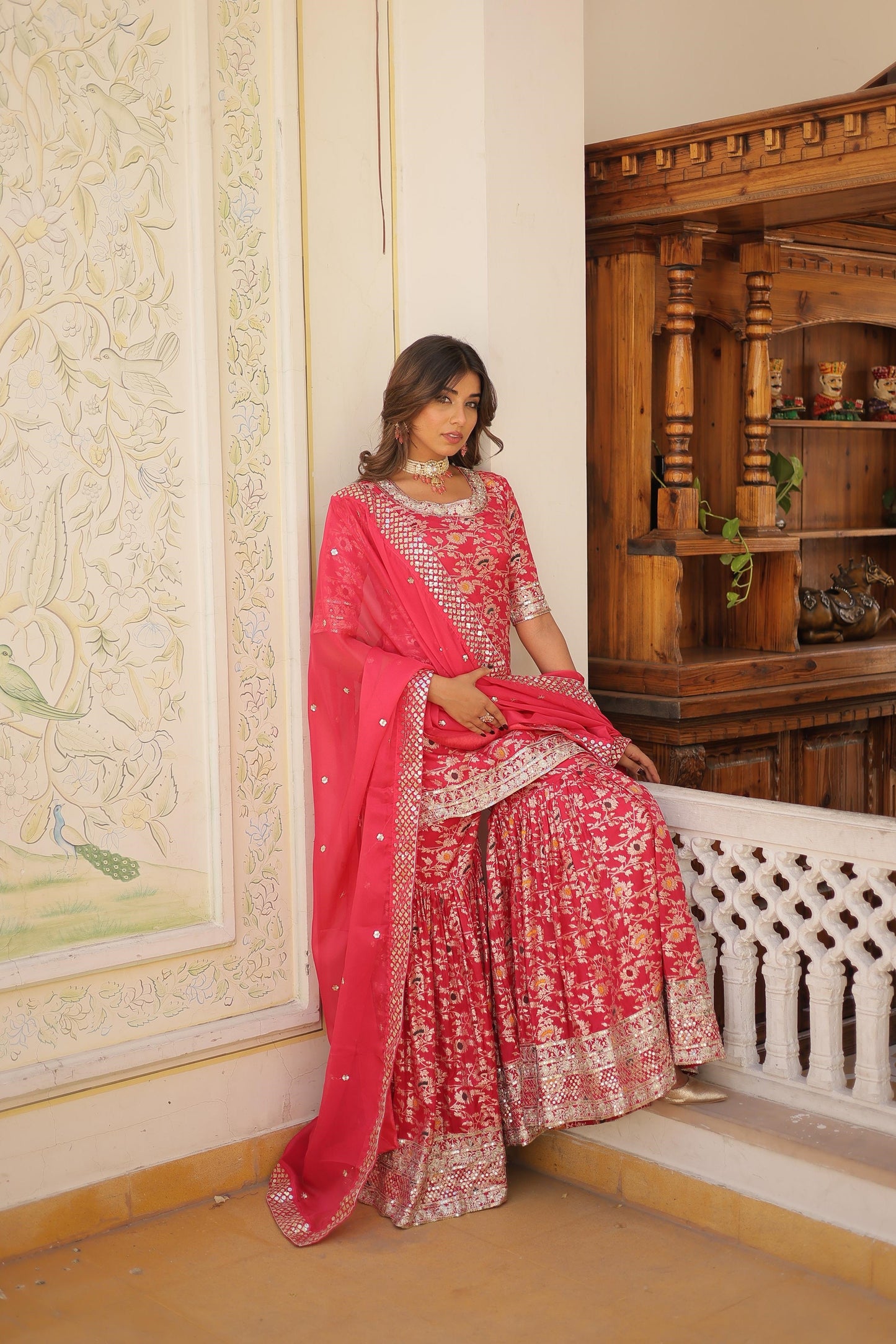 Function Wear Jacquerd Pink, Cream & Purple Color Sharara Suit