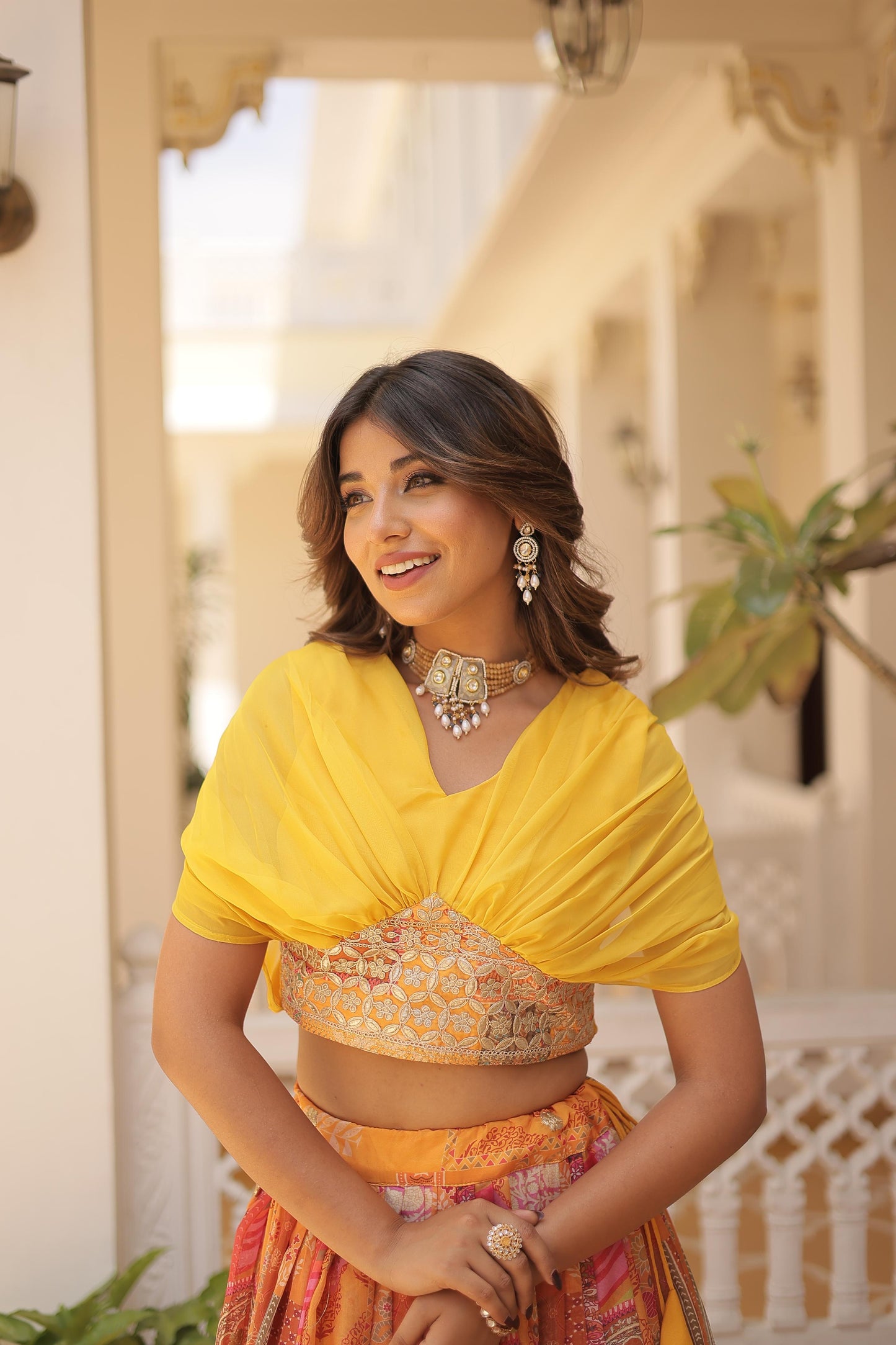 Trendy Digital Printed Silk Purple, Orange And Sky Color Lehenga