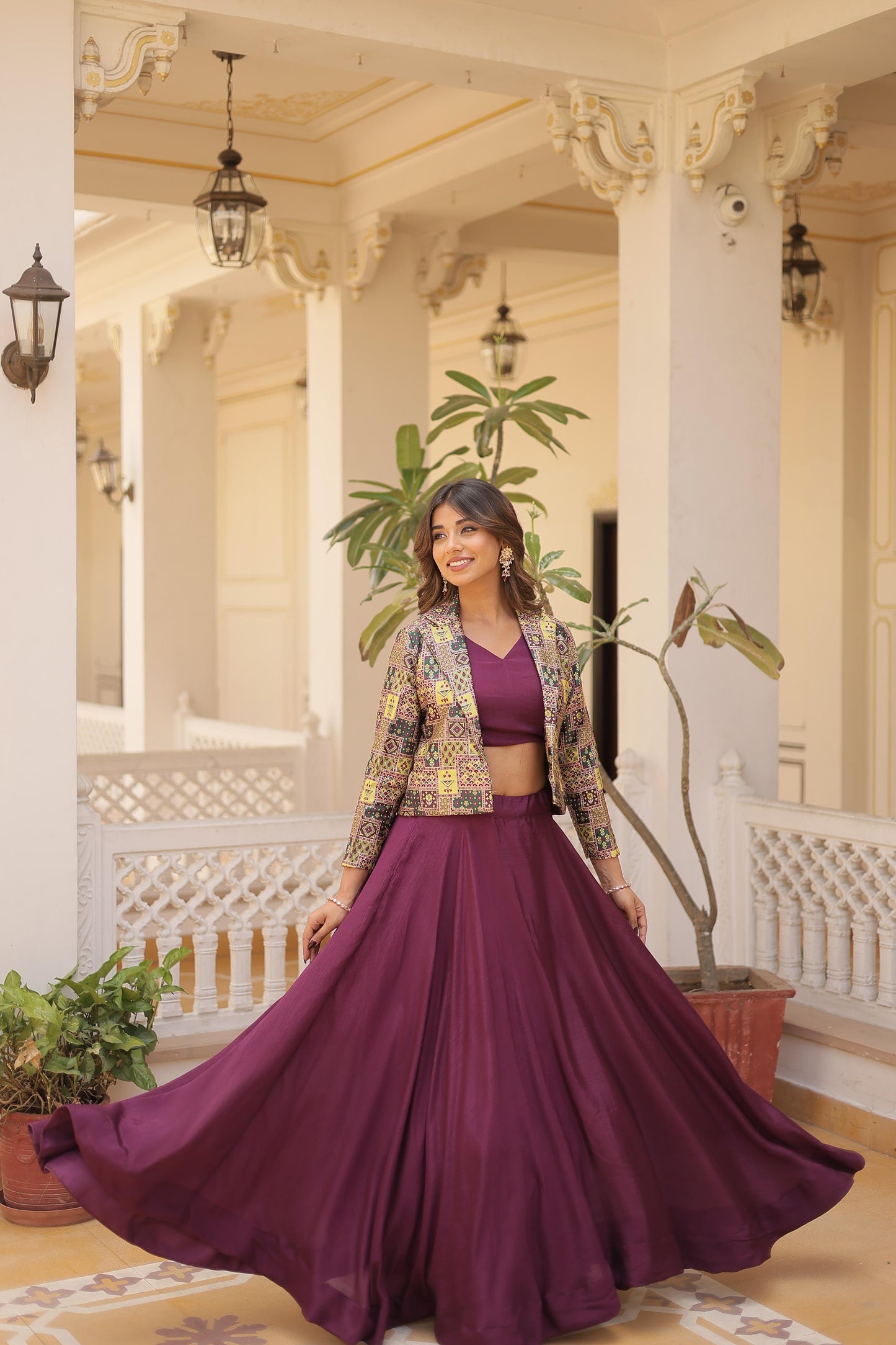 Pretty Chinnon Purple, Pink And Blue Color Lehenga Choli With Koti