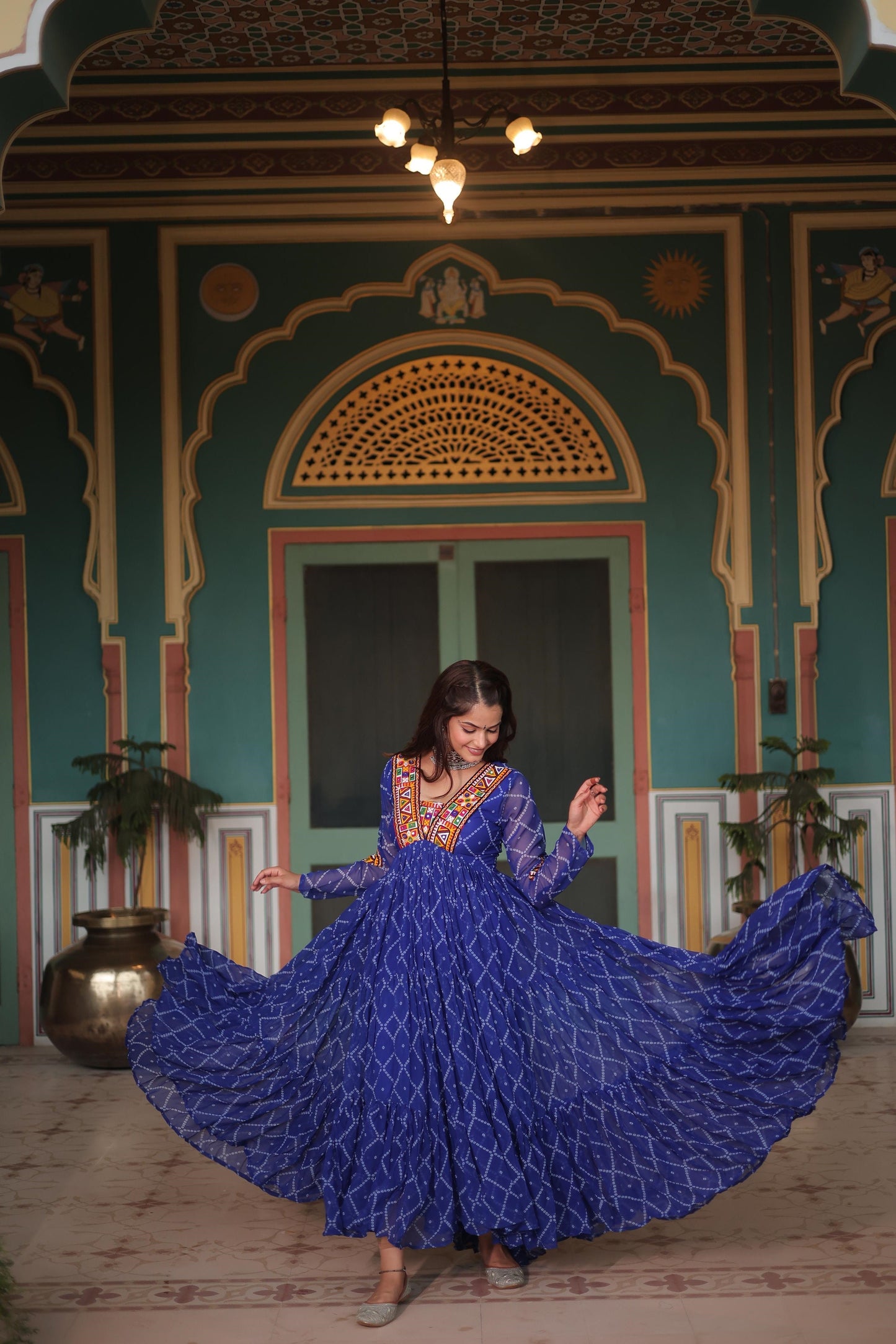 Festive Wear Bandhani Print Work Blue, Orange And Purple Color Gown