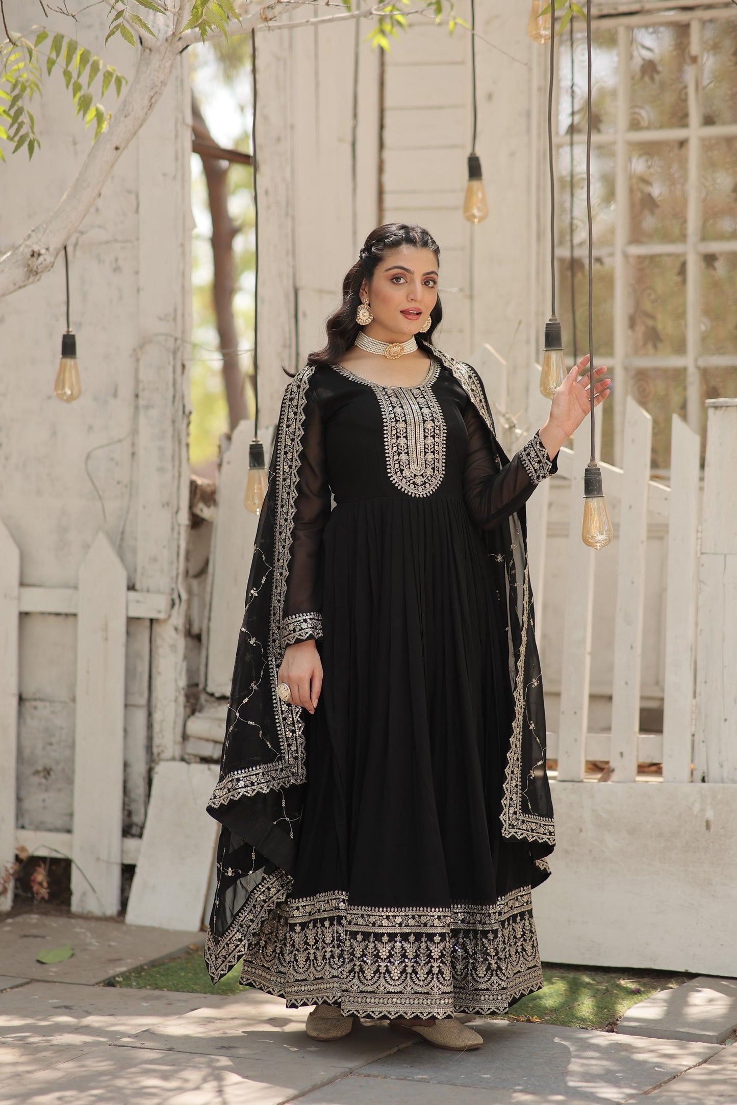 Ravishing Embroidered Work Black & Purple Color Gown