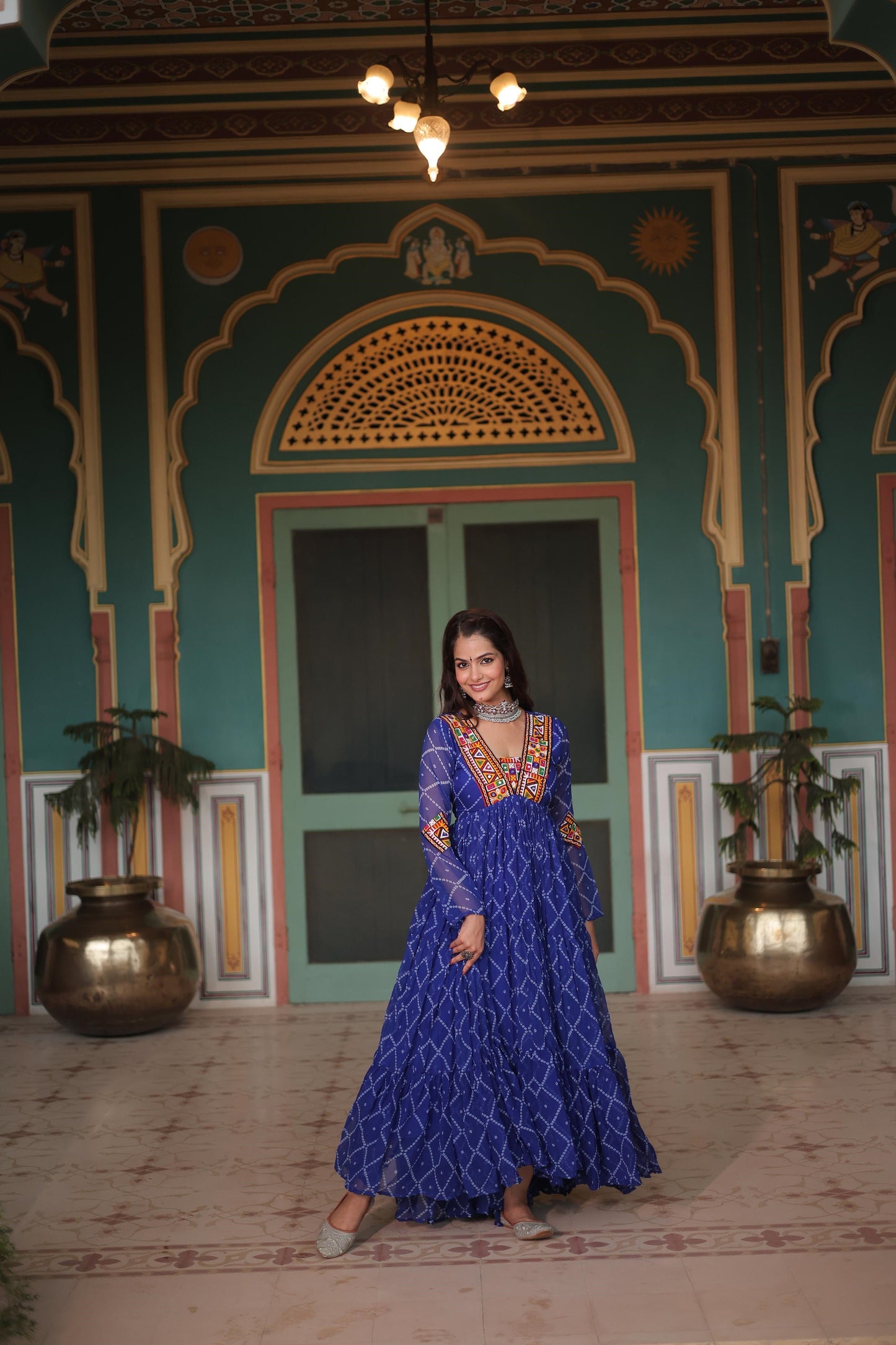 Festive Wear Bandhani Print Work Blue, Orange And Purple Color Gown