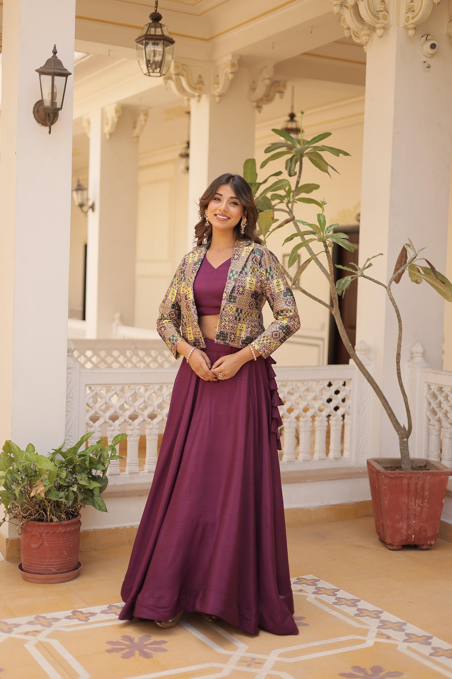 Pretty Chinnon Purple, Pink And Blue Color Lehenga Choli With Koti