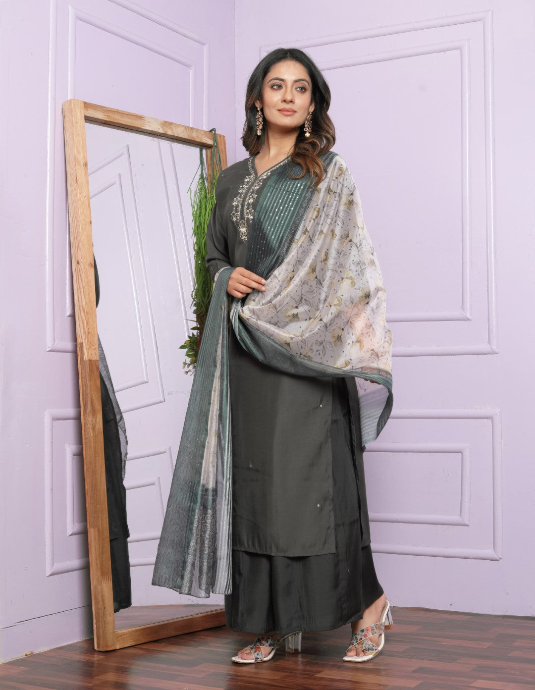 Unique Roman Silk Grey Color Fancy Neck Kurti With Plazzo